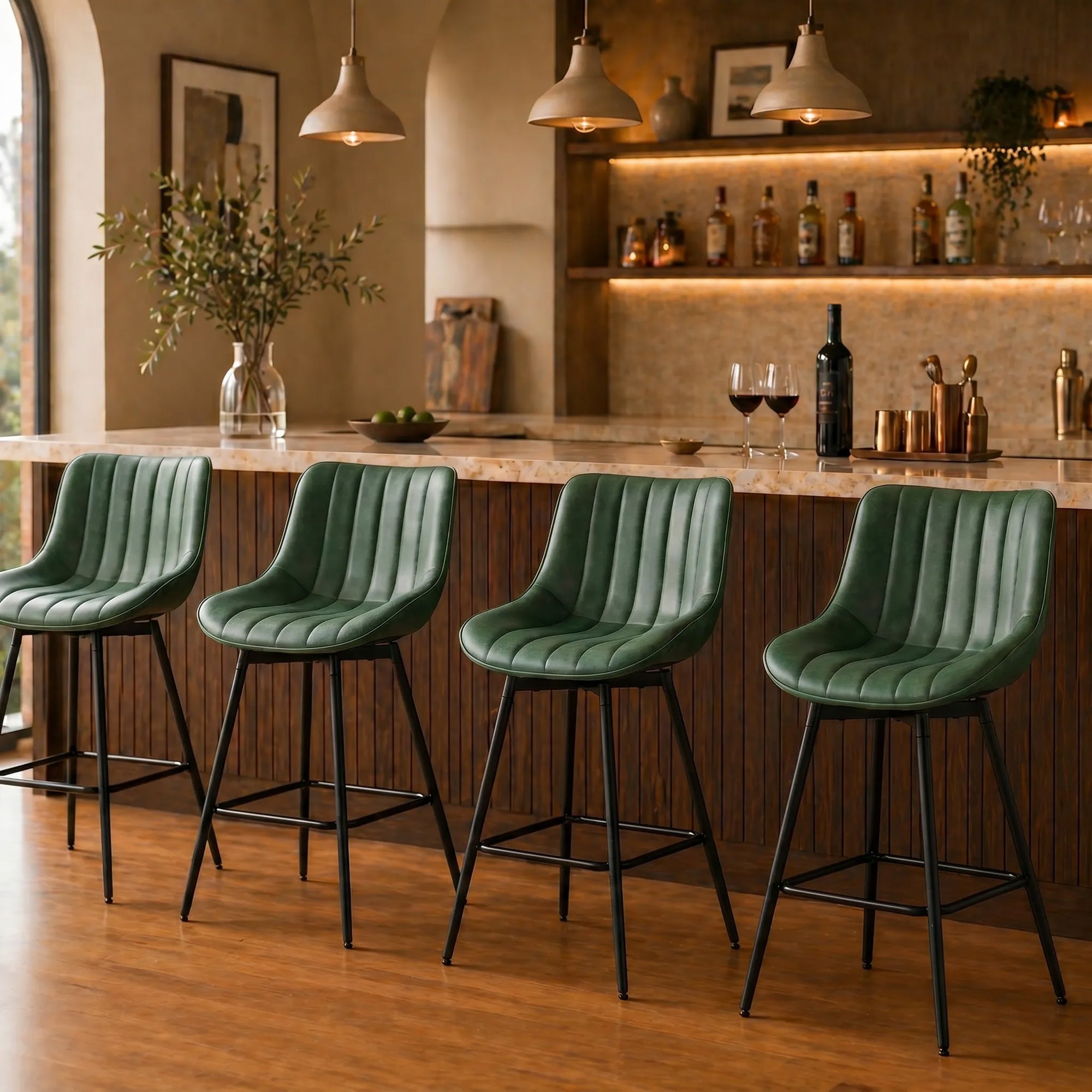 Swivel Bar Stools Set of 2, Textured Faux Leather Counter Stools with Backrest and Footrest, Height Adjustable Breakfast Chairs for Kitchen Island, Home Bar, Dining Room, Dark Green