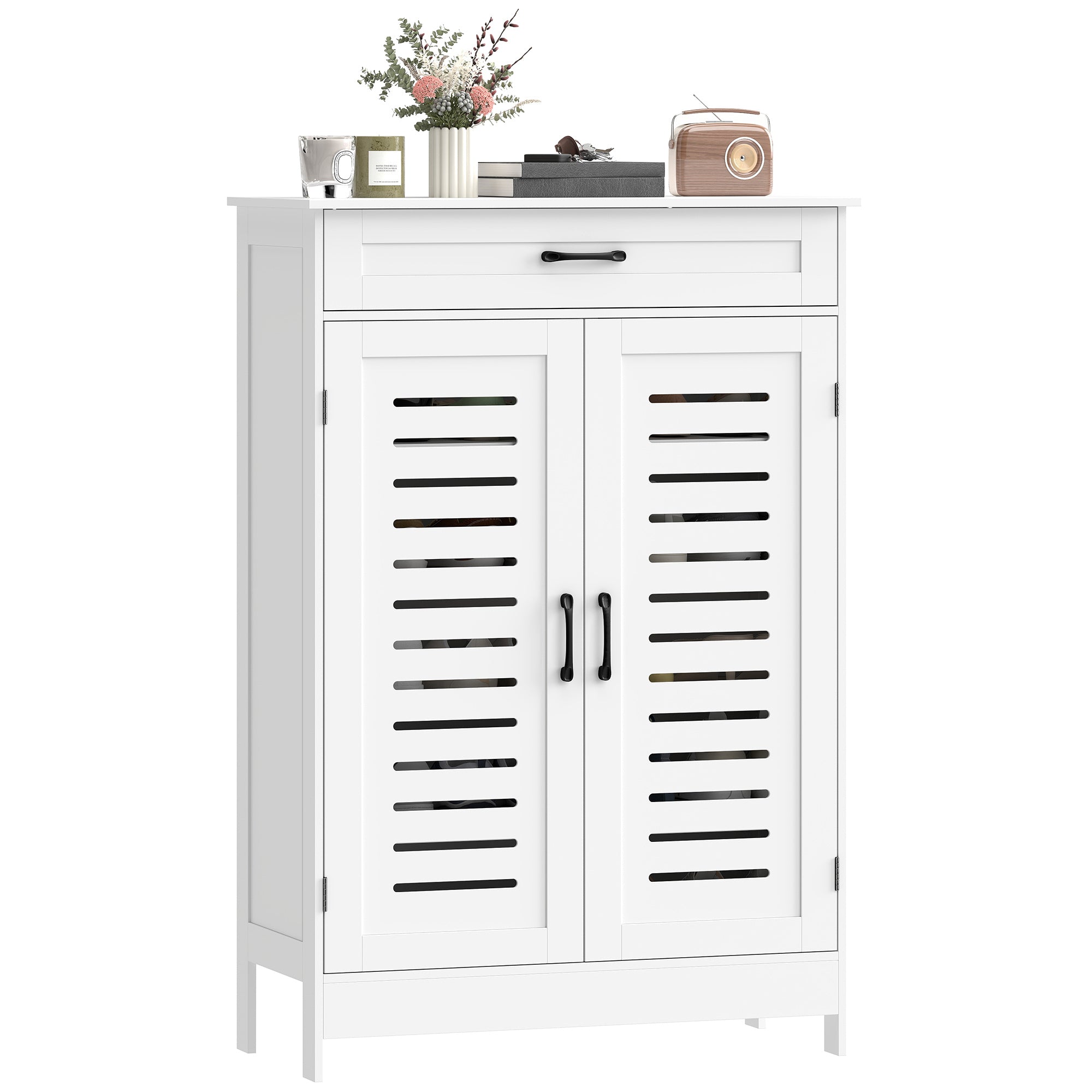 Shoe Cabinet with Louvered Doors, Modern Shoe Storage Cabinet with Drawer and Adjustable Shelves, Holds up to 20 Pairs for Entryway, Hallway, White