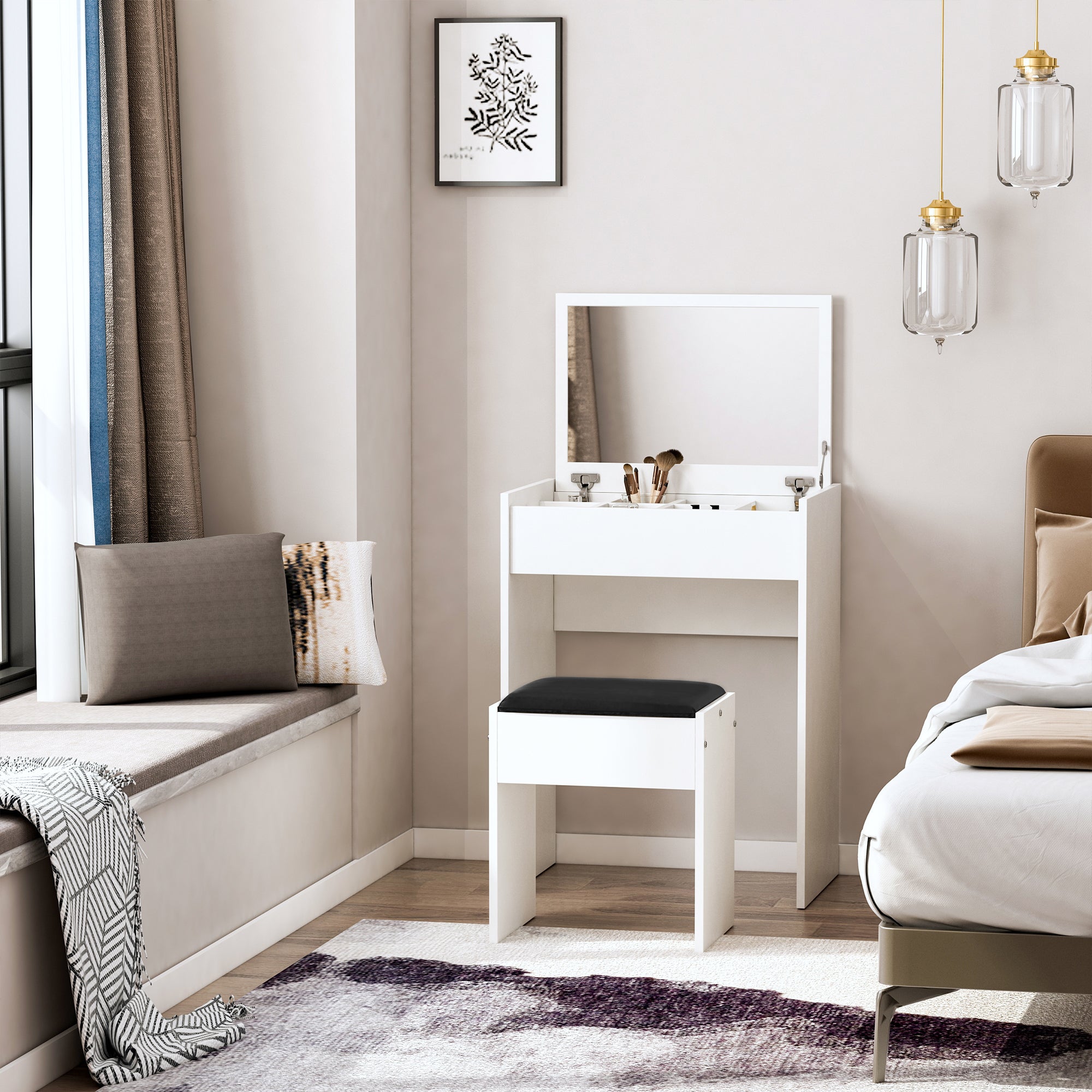 HOMCOM Dressing Table with Mirror and Stool, Vanity Makeup Table with Flip Up Mirror, Vanity Desk with Storage Unit and Padded Seat, White