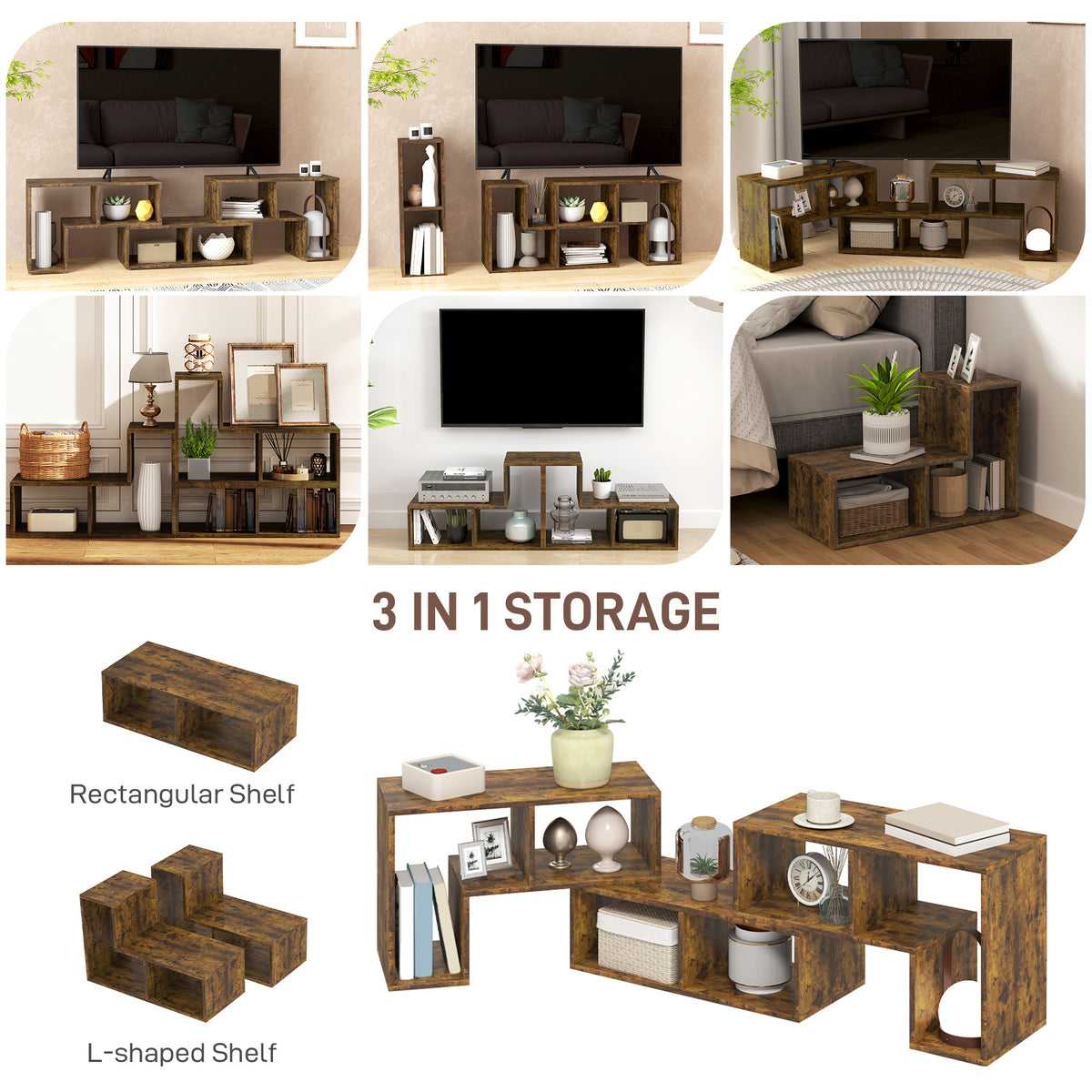 TV Stand for TVs up to 75", 3-Piece Modular TV Console, Industrial Entertainment Center with Open Storage Shelves for Living Room, Rustic Brown
