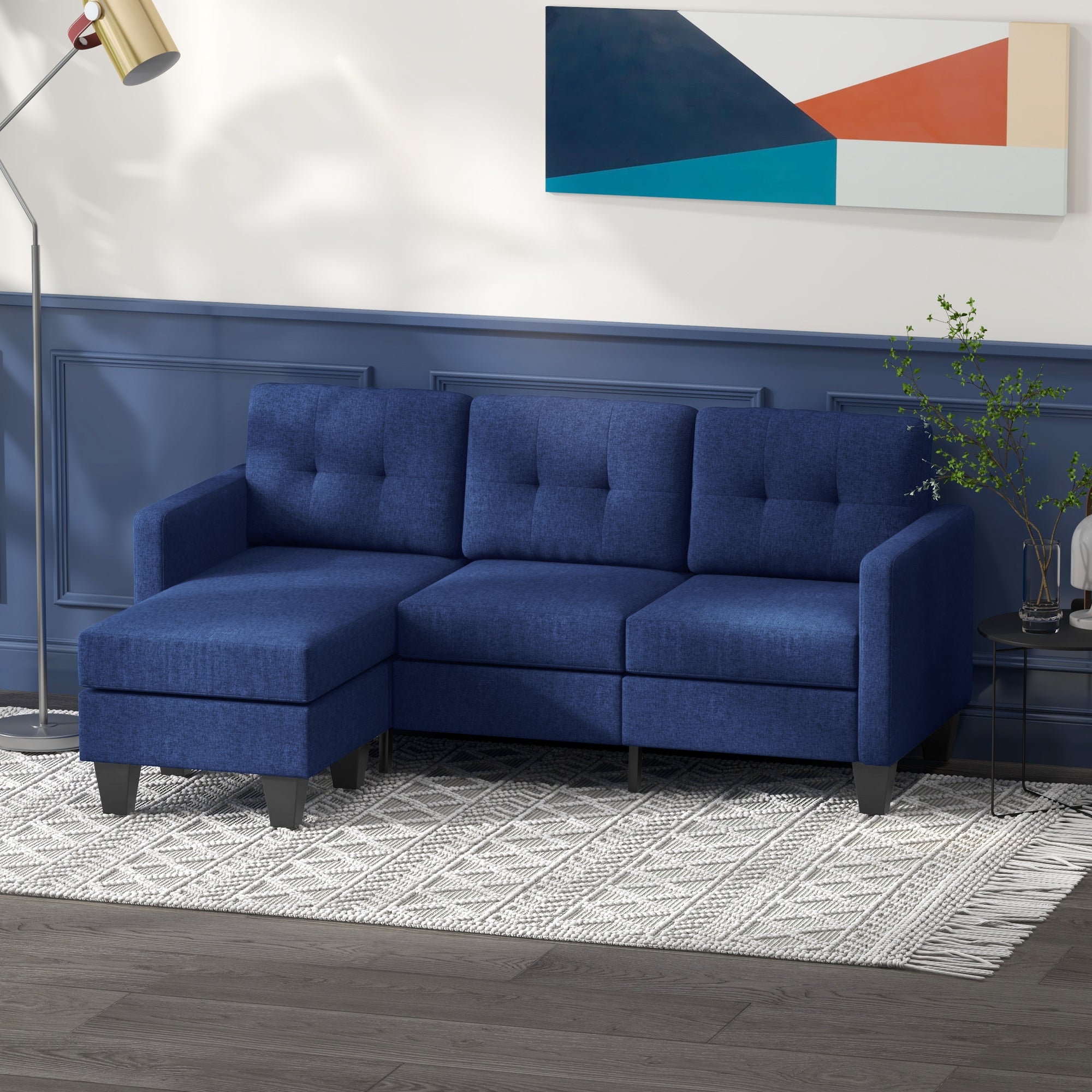 HOMCOM Modular Sectional Couch with Changeable Chaise, 3 Seater Corner Sofa with Ottoman, Fabric L Shape Sofa with Thick Padded Cushion for Living Room, Office, Dark Blue