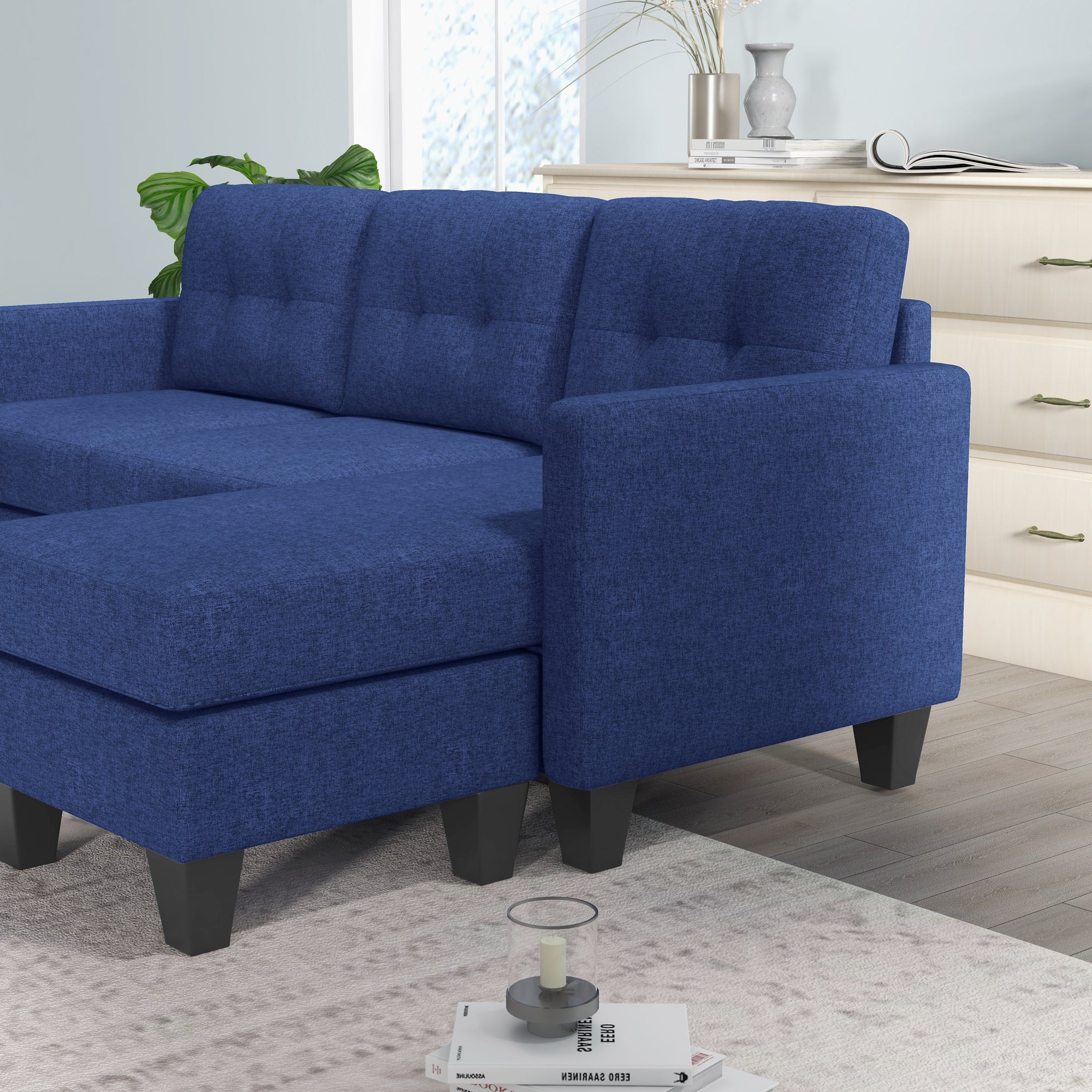 HOMCOM Modular Sectional Couch with Changeable Chaise, 3 Seater Corner Sofa with Ottoman, Fabric L Shape Sofa with Thick Padded Cushion for Living Room, Office, Dark Blue