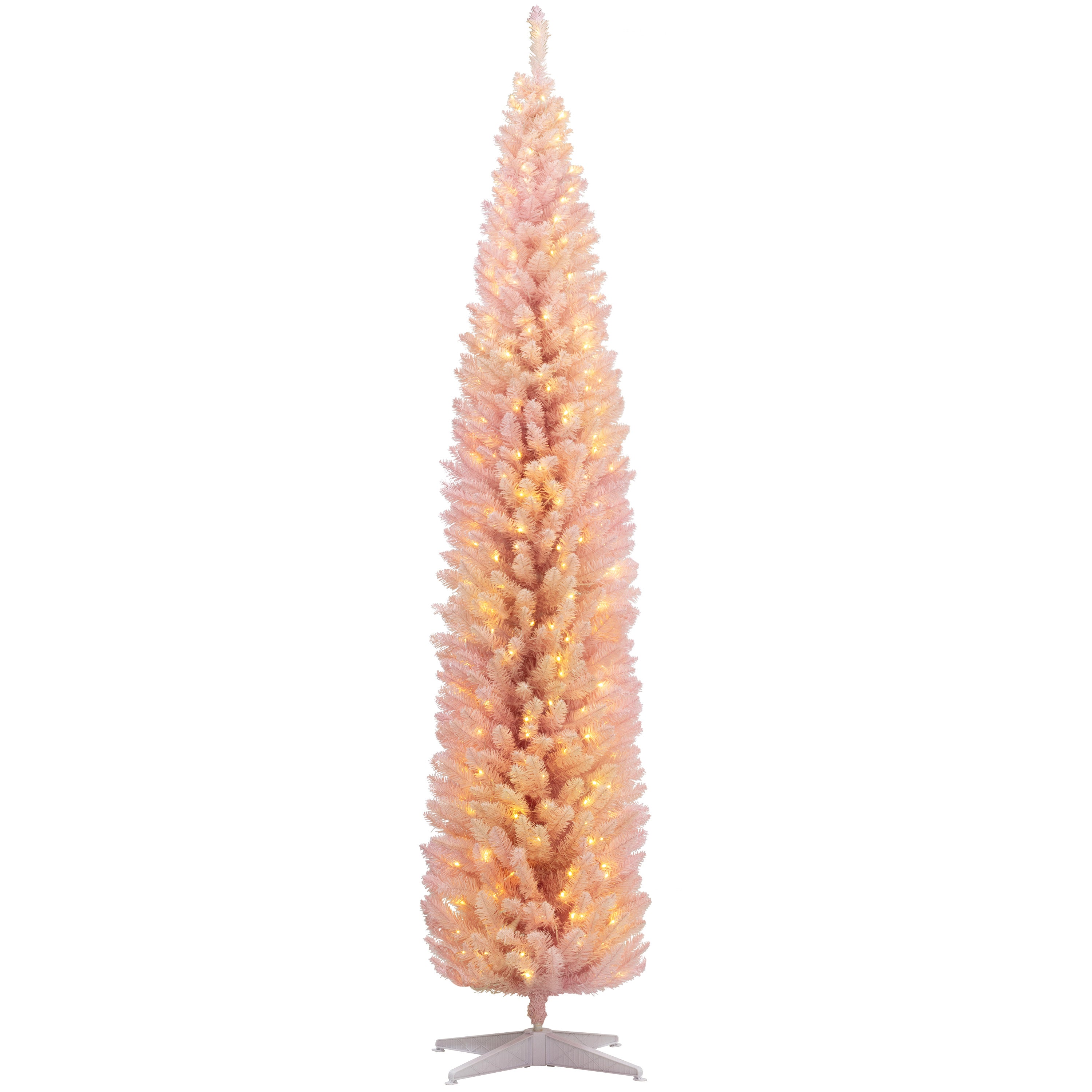 8ft Pencil Christmas Tree Slim Artificial Tree with Realistic Branches & Warm White LED Lights Pink