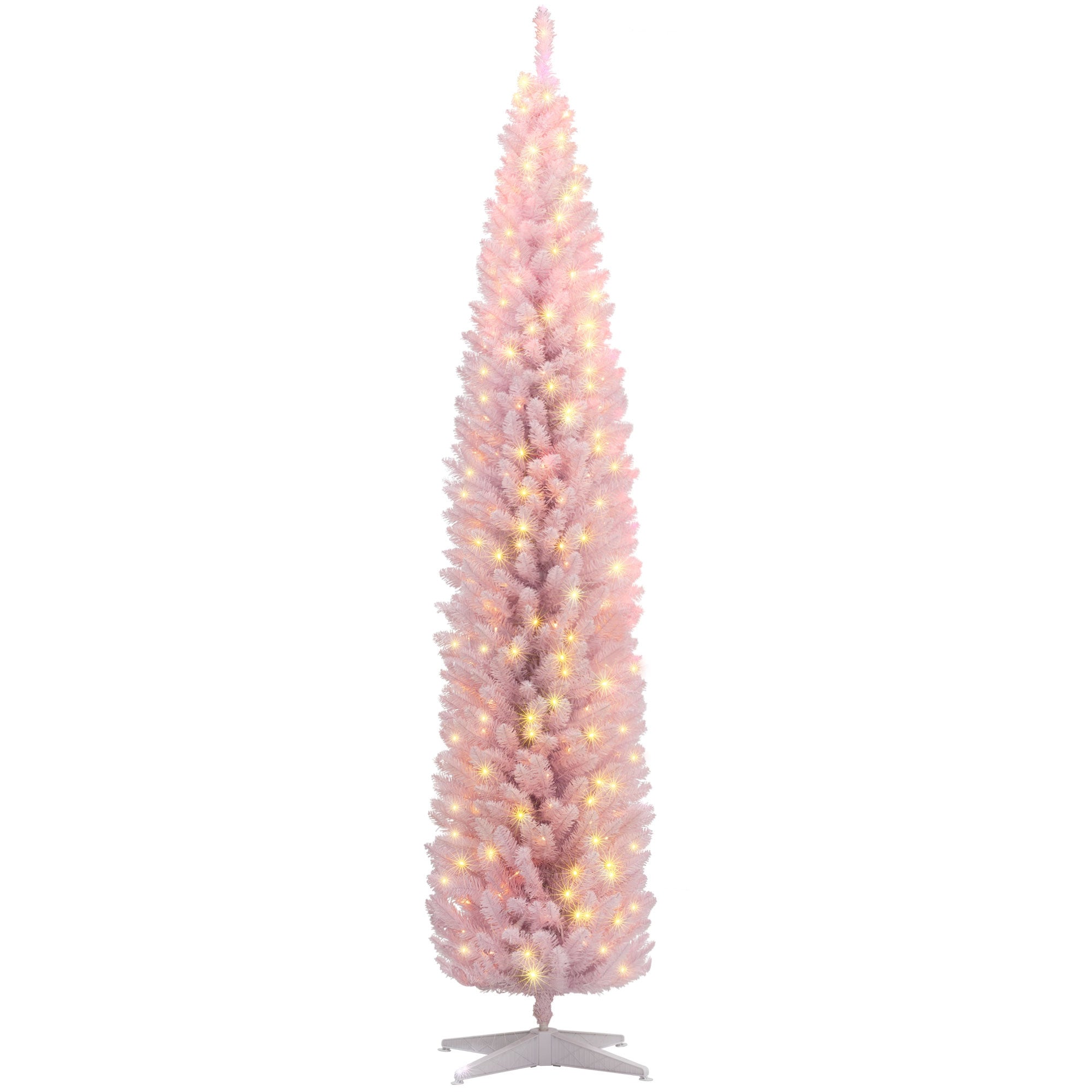 8ft Slim Artificial Pencil Christmas Tree with Realistic Branches & Warm White LEDs, Pink