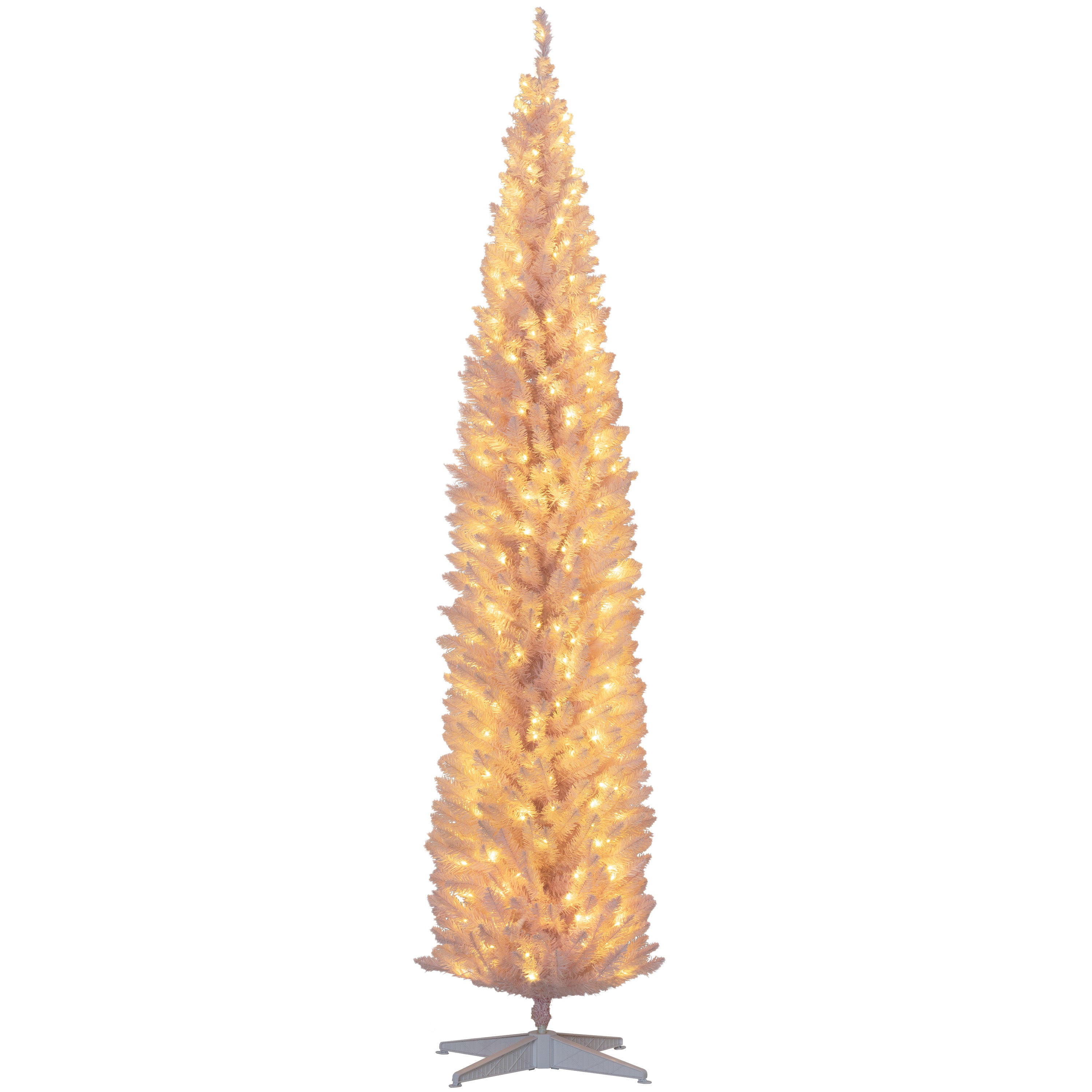 8ft Pencil Christmas Tree Slim Artificial Tree with Realistic Branches & Warm White LED Lights Pink