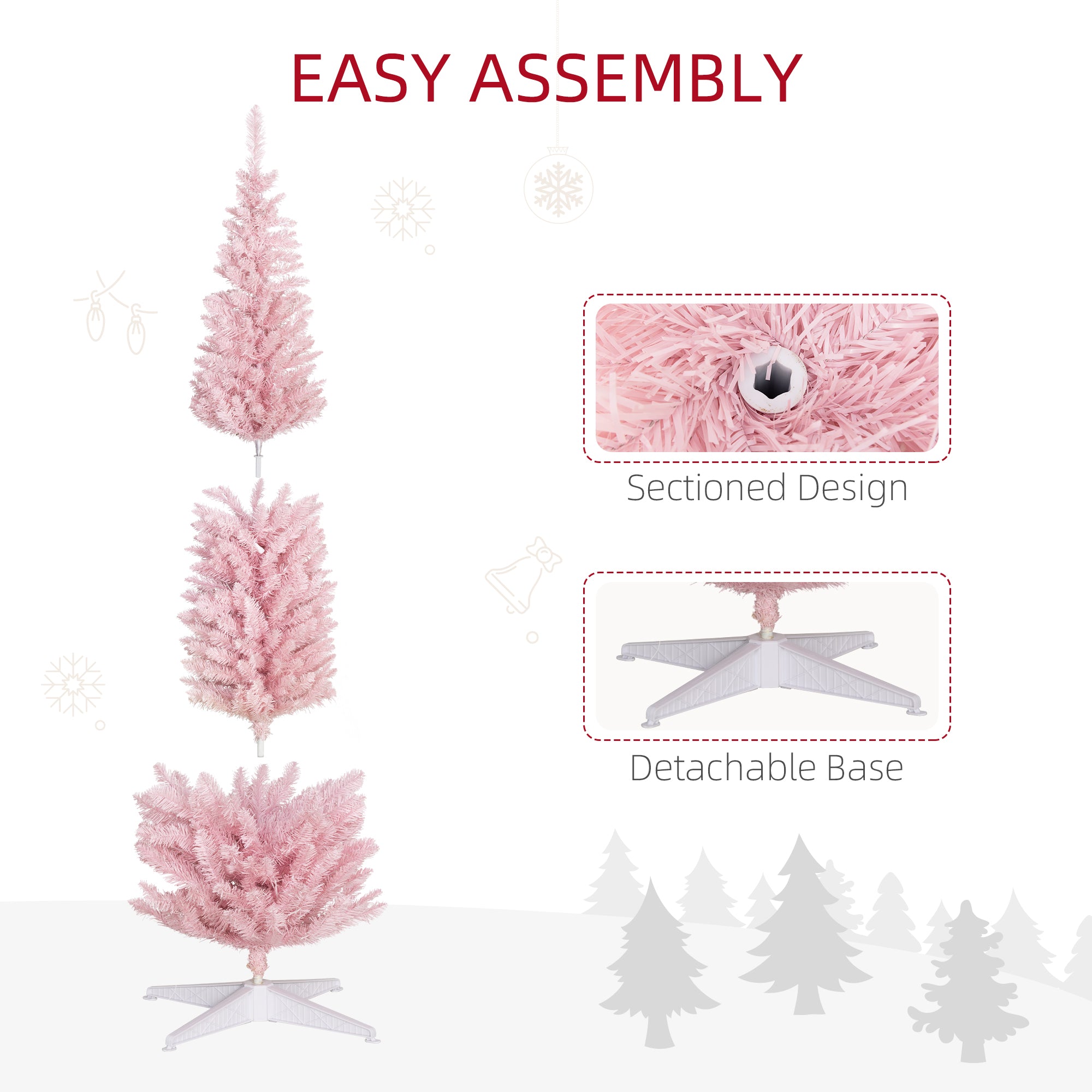 8ft Pencil Christmas Tree Slim Artificial Tree with Realistic Branches & Warm White LED Lights Pink