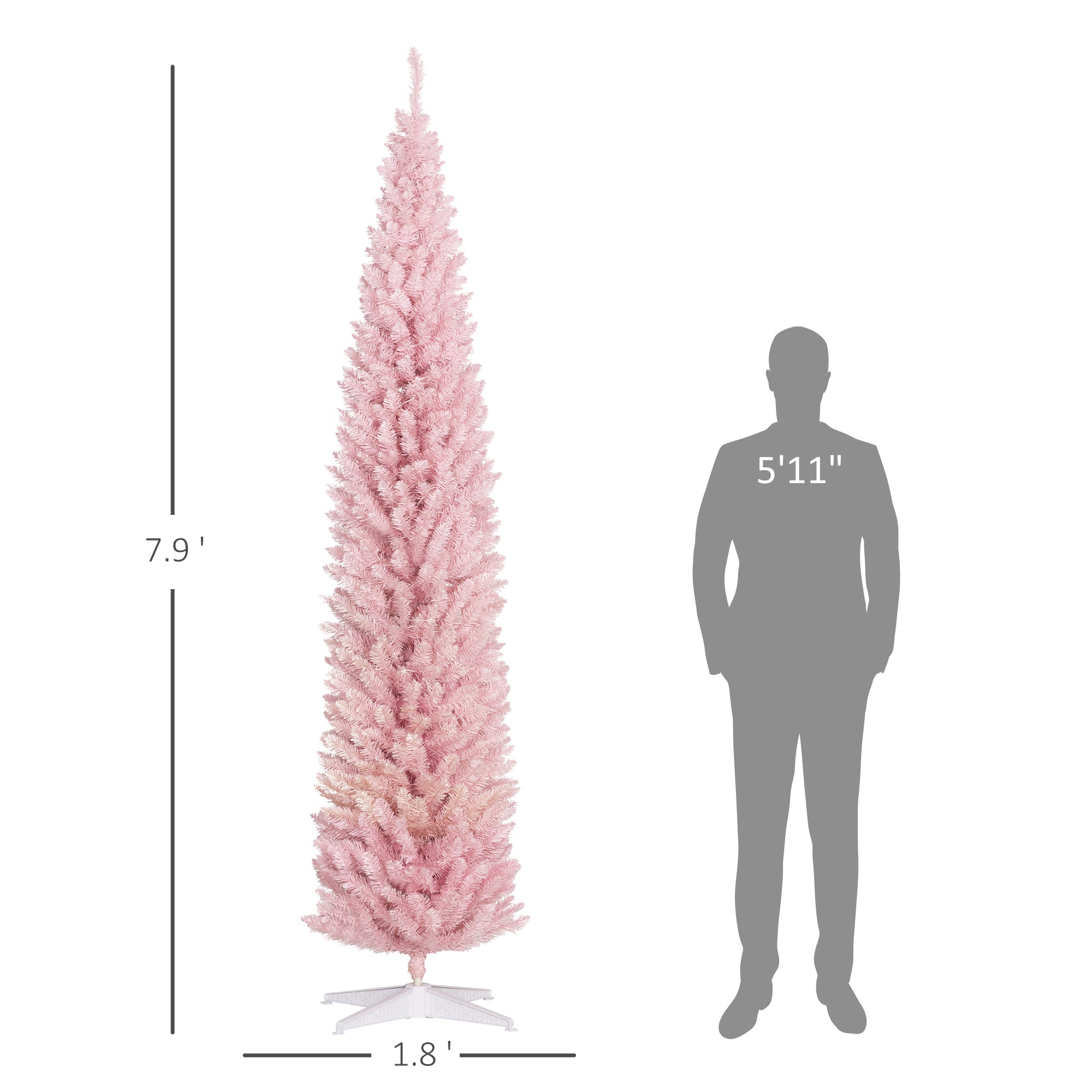 8ft Pencil Christmas Tree Slim Artificial Tree with Realistic Branches & Warm White LED Lights Pink