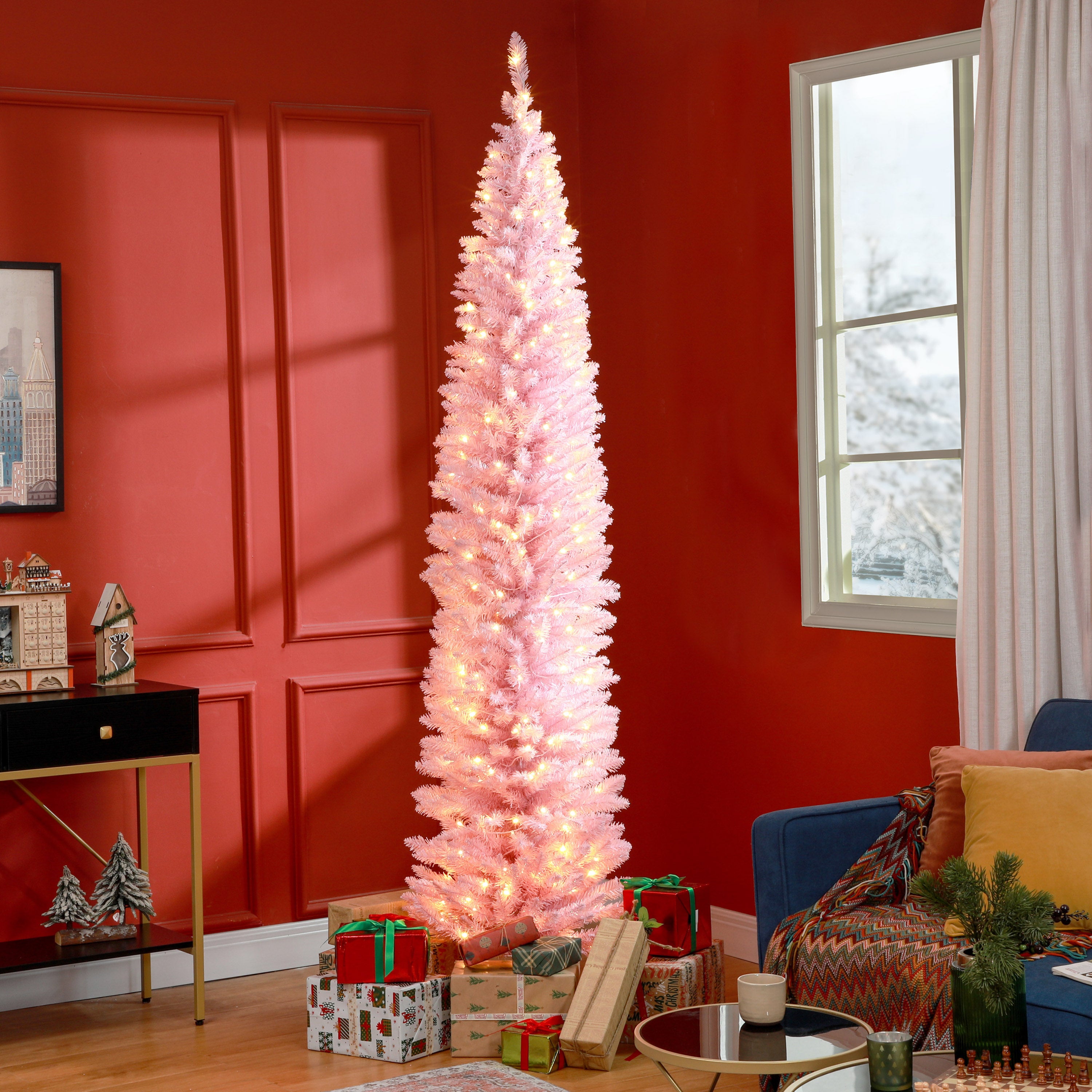 8ft Pencil Christmas Tree Slim Artificial Tree with Realistic Branches & Warm White LED Lights Pink