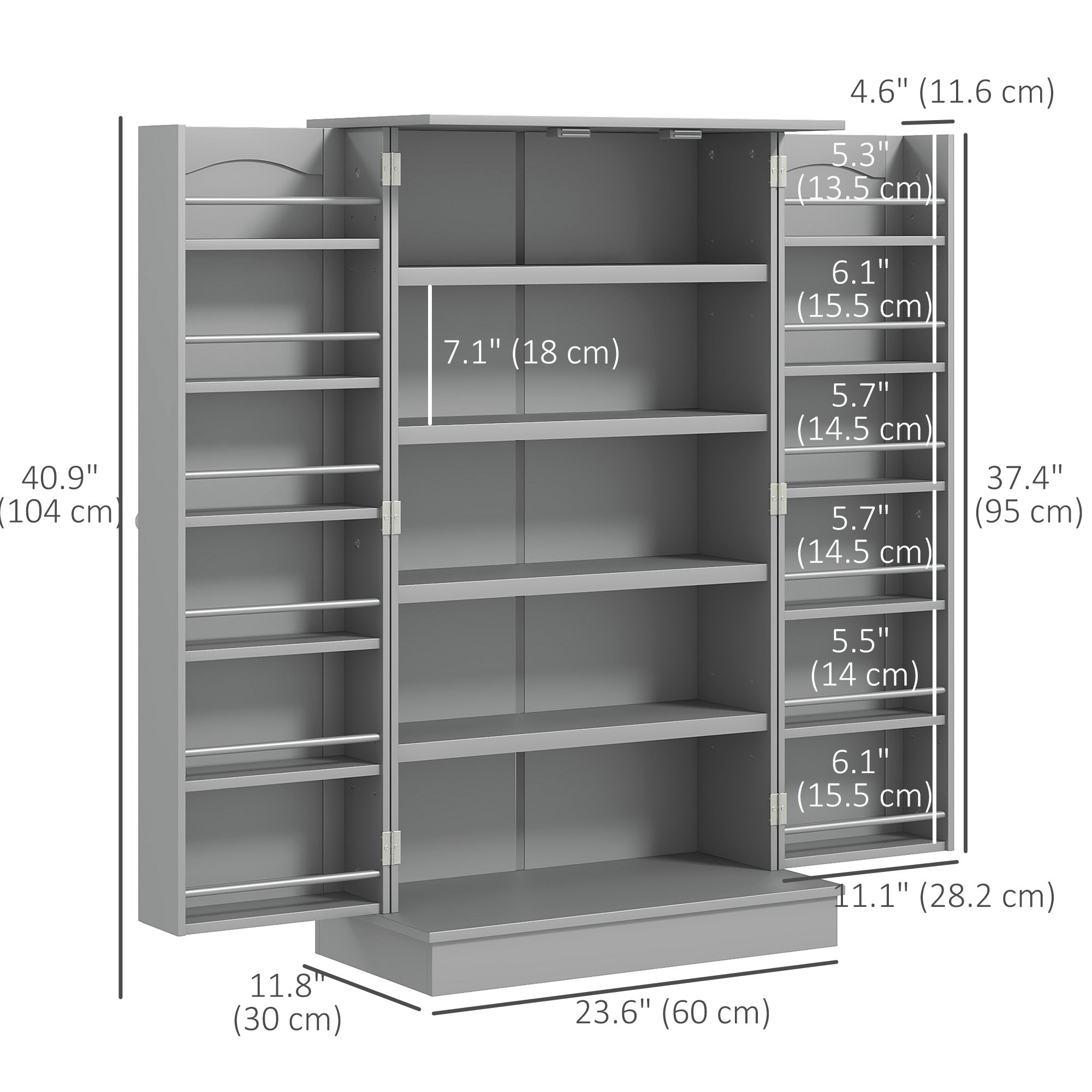 41" Kitchen Pantry Cabinet, 2-Door Buffet Storage Cabinet with 12 Spice Racks and Adjustable Shelves, Grey