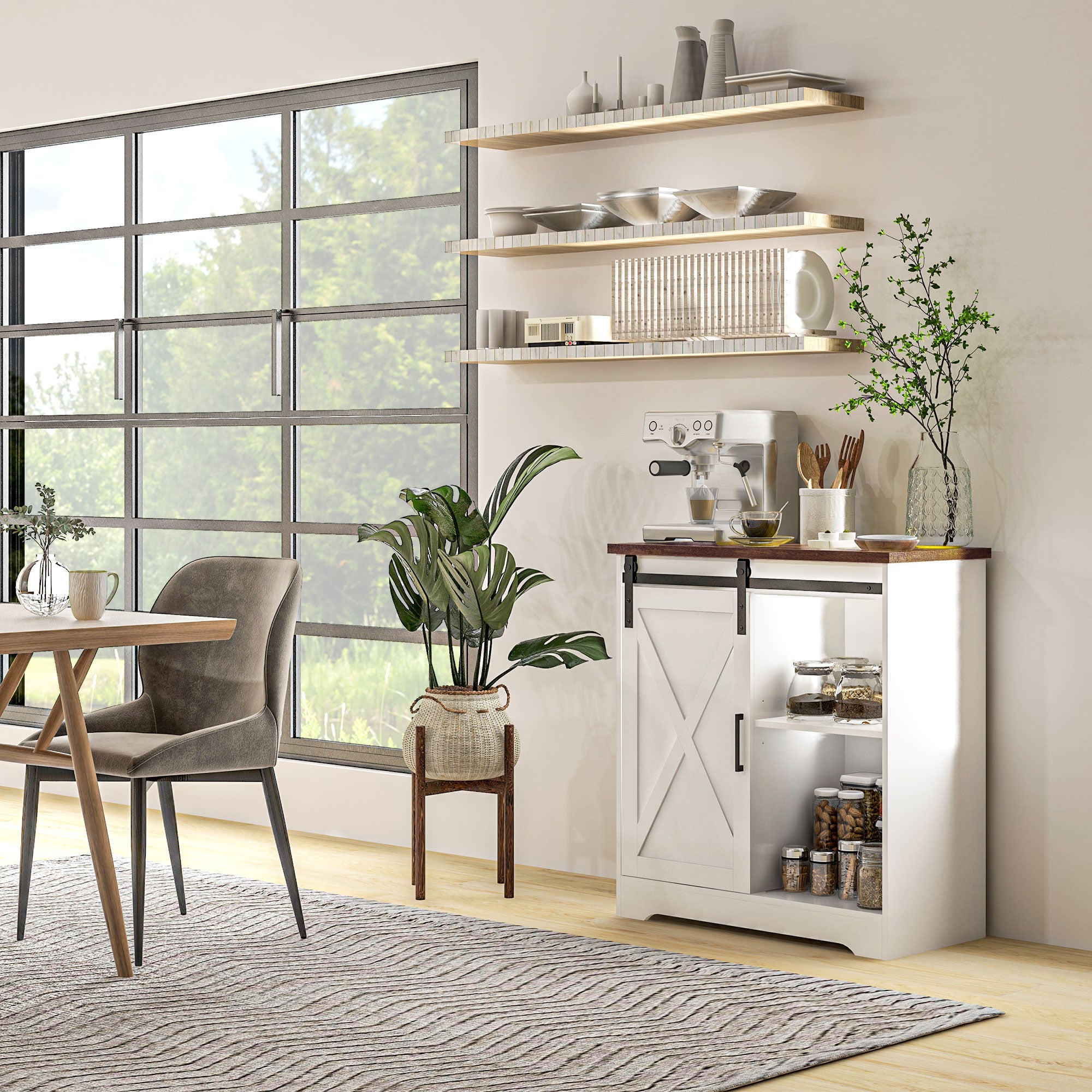 Farmhouse Kitchen Sideboard Buffet Cabinet Coffee Bar Cabinet with Sliding Barn Door and Adjustable Shelf White