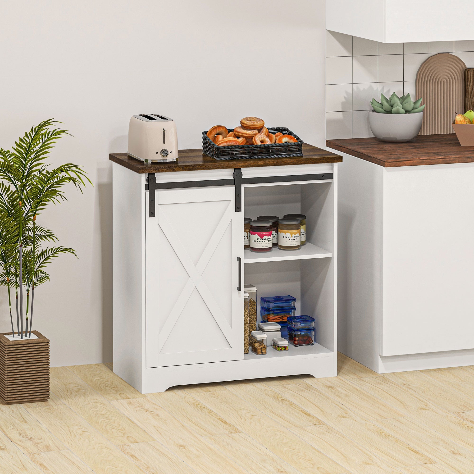 Farmhouse Kitchen Sideboard Buffet Cabinet Coffee Bar Cabinet with Sliding Barn Door and Adjustable Shelf White