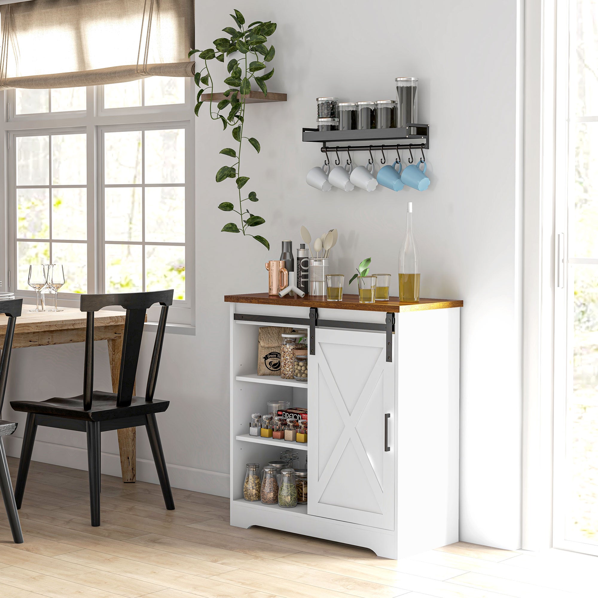 Farmhouse Kitchen Sideboard Buffet Cabinet Coffee Bar Cabinet with Sliding Barn Door and Adjustable Shelf White