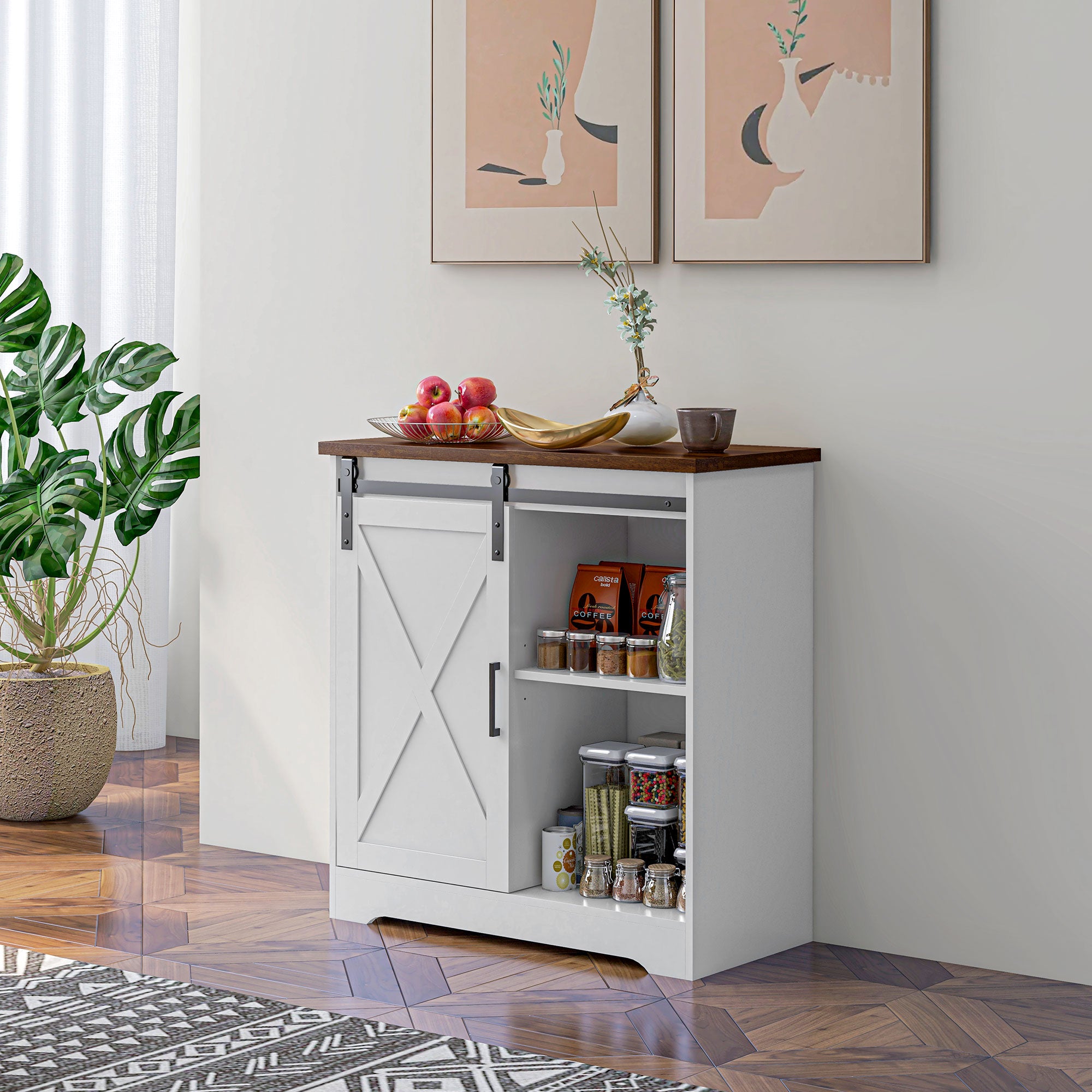 Farmhouse Kitchen Sideboard Buffet Cabinet Coffee Bar Cabinet with Sliding Barn Door and Adjustable Shelf White