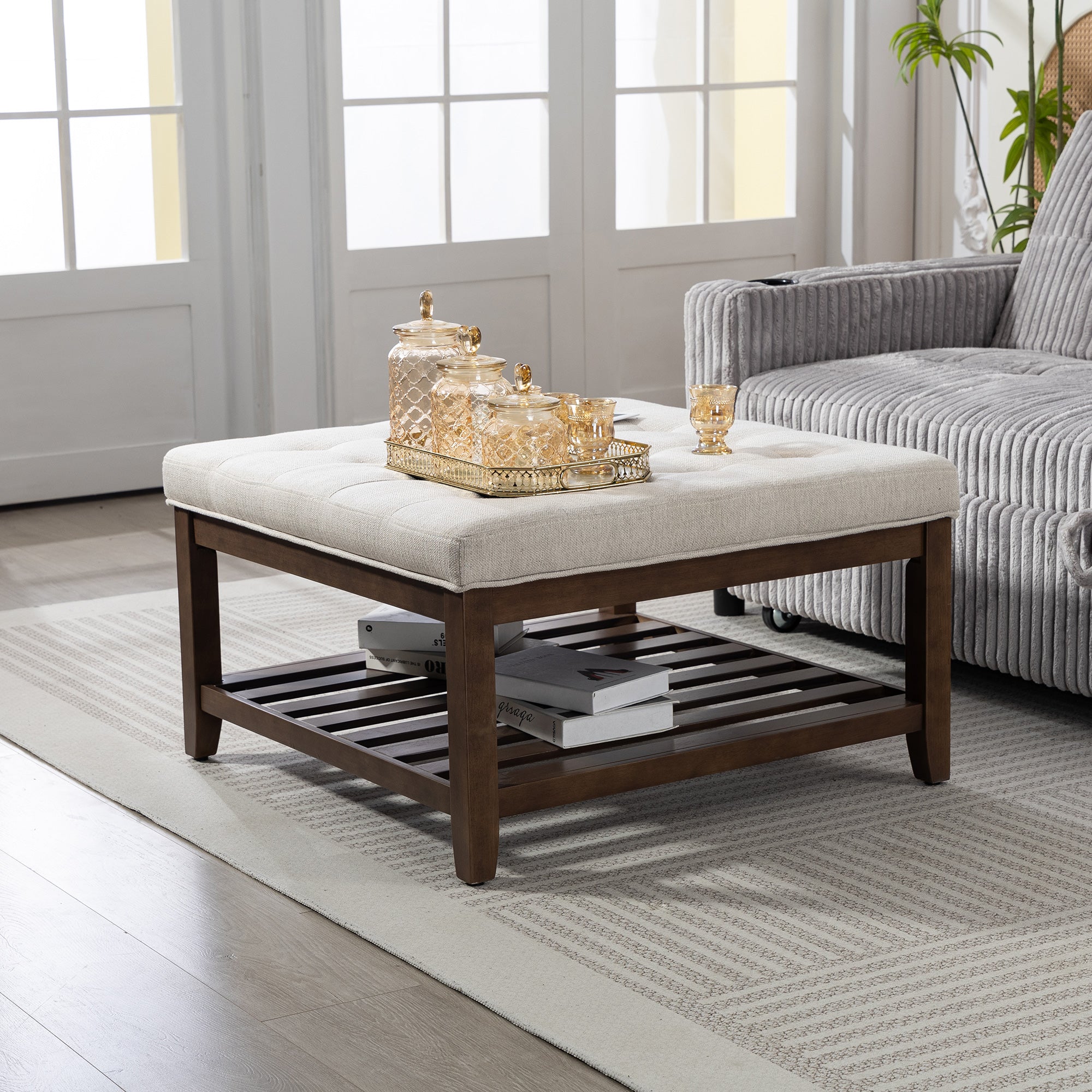 Ottoman Coffee Table, 32 Inch Square Footrest Ottoman with Storage Shelf, Linen Upholstered Tufted Footstool with Solid Wood Frame, Padded Seat for Living Room, Beige