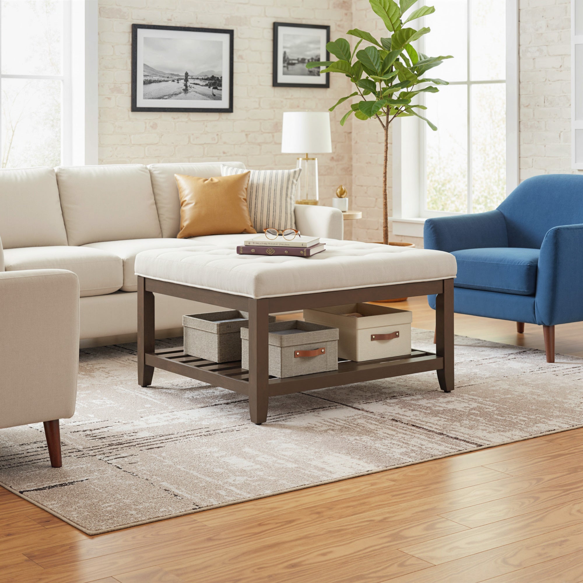 Ottoman Coffee Table, 32 Inch Square Footrest Ottoman with Storage Shelf, Linen Upholstered Tufted Footstool with Solid Wood Frame, Padded Seat for Living Room, Beige