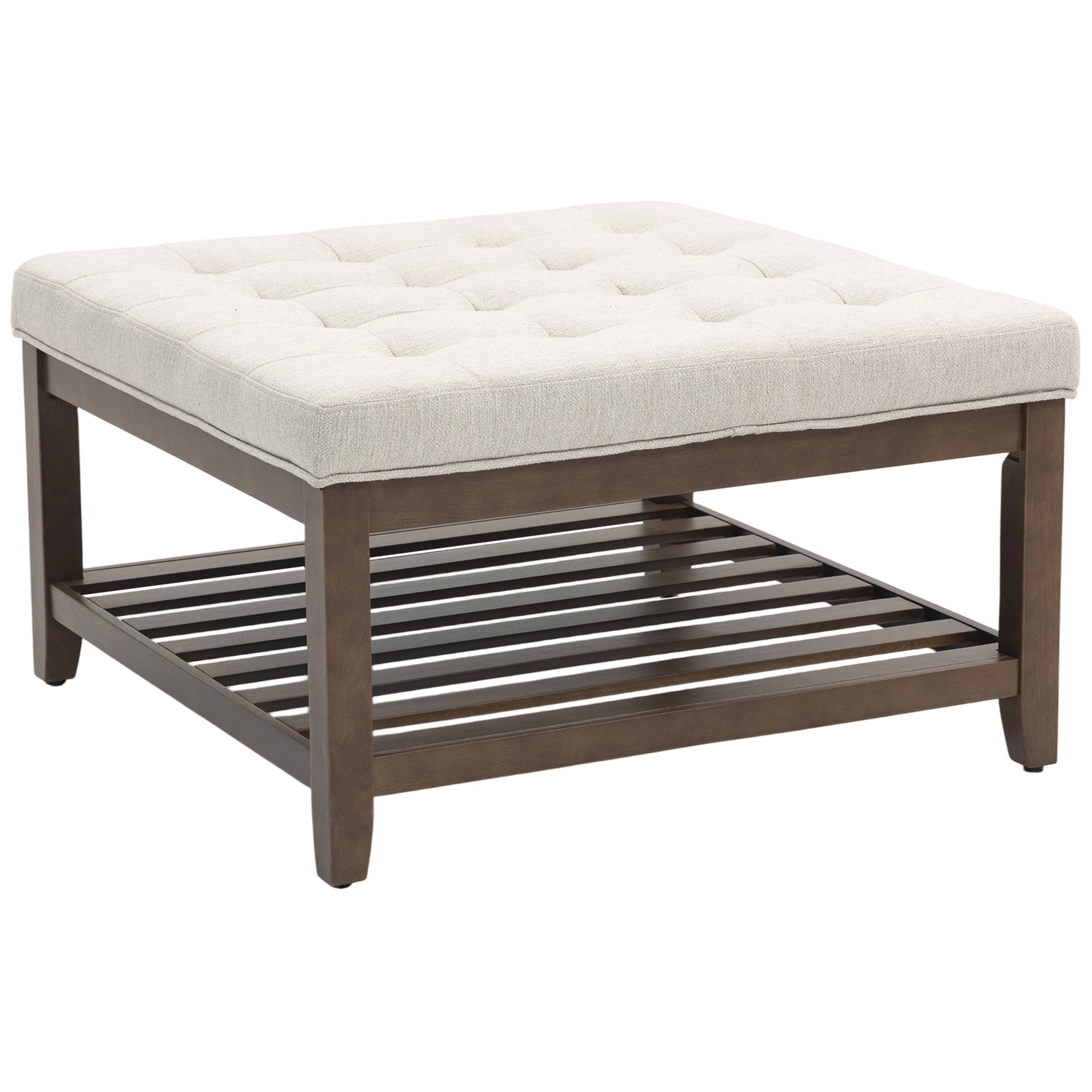 Ottoman Coffee Table, 32 Inch Square Footrest Ottoman with Storage Shelf, Linen Upholstered Tufted Footstool with Solid Wood Frame, Padded Seat for Living Room, Beige