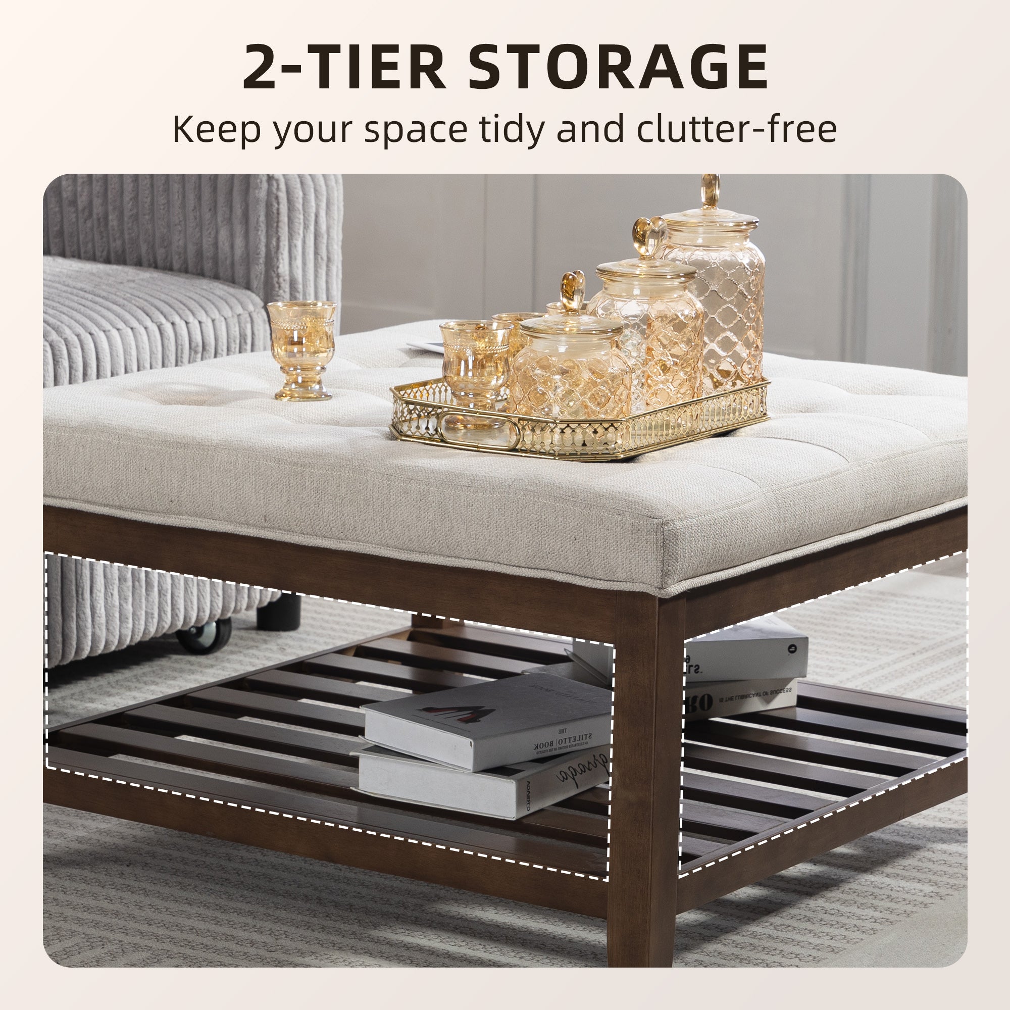 Ottoman Coffee Table, 32 Inch Square Footrest Ottoman with Storage Shelf, Linen Upholstered Tufted Footstool with Solid Wood Frame, Padded Seat for Living Room, Beige