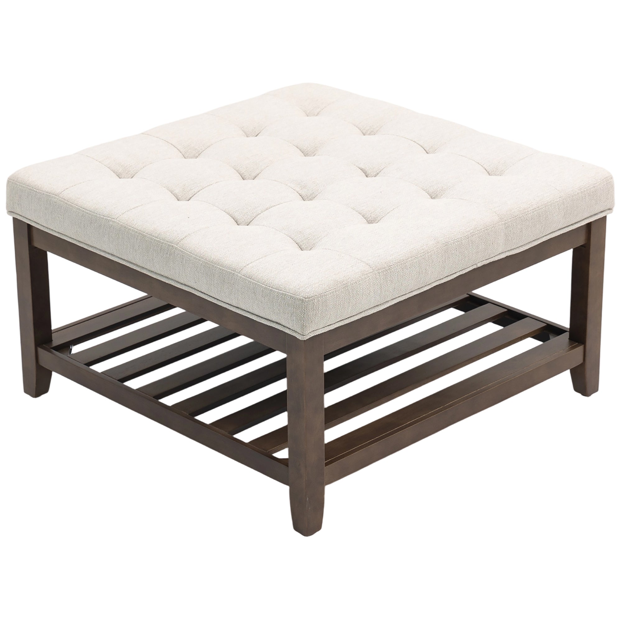 Ottoman Coffee Table, 32 Inch Square Footrest Ottoman with Storage Shelf, Linen Upholstered Tufted Footstool with Solid Wood Frame, Padded Seat for Living Room, Beige