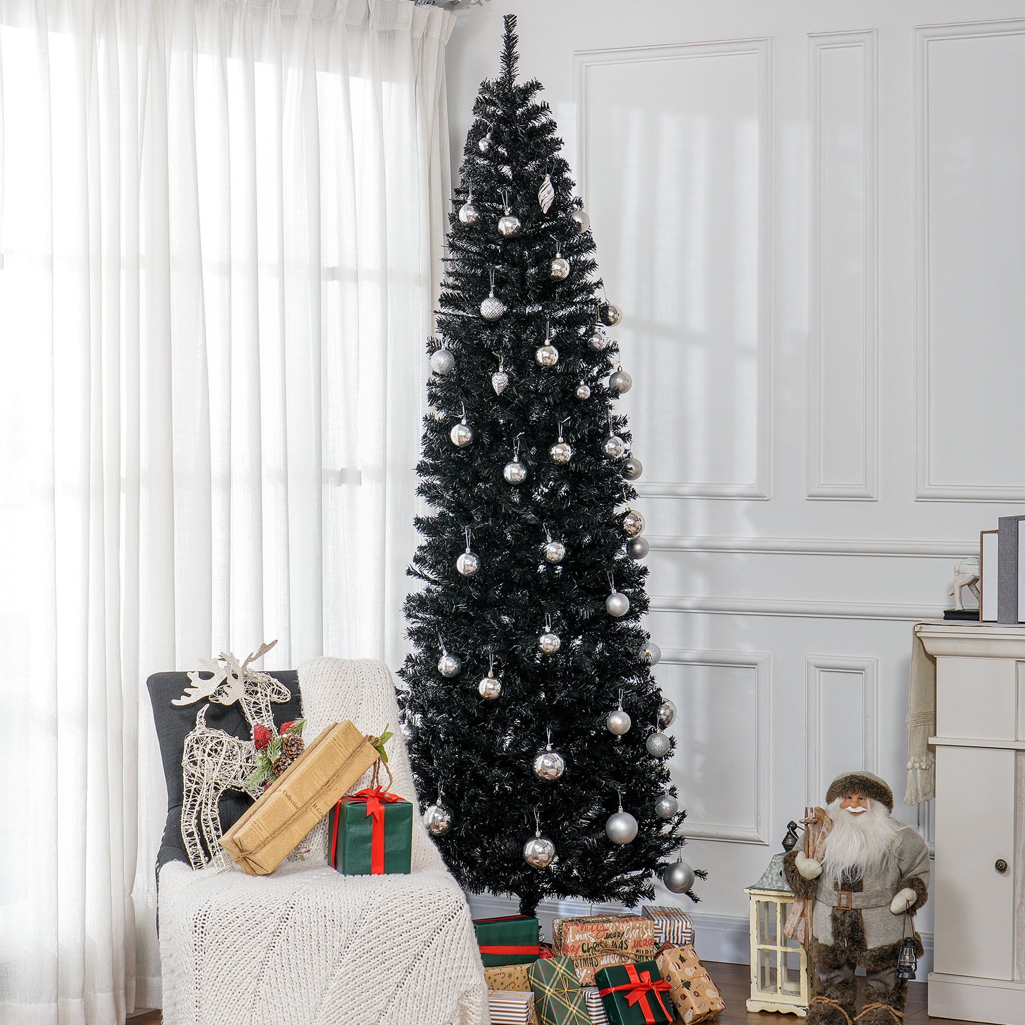 8 FT Slim Christmas Tree with Lights Pencil Xmas Tree w/ Stable Stand & 1168 Tips Black