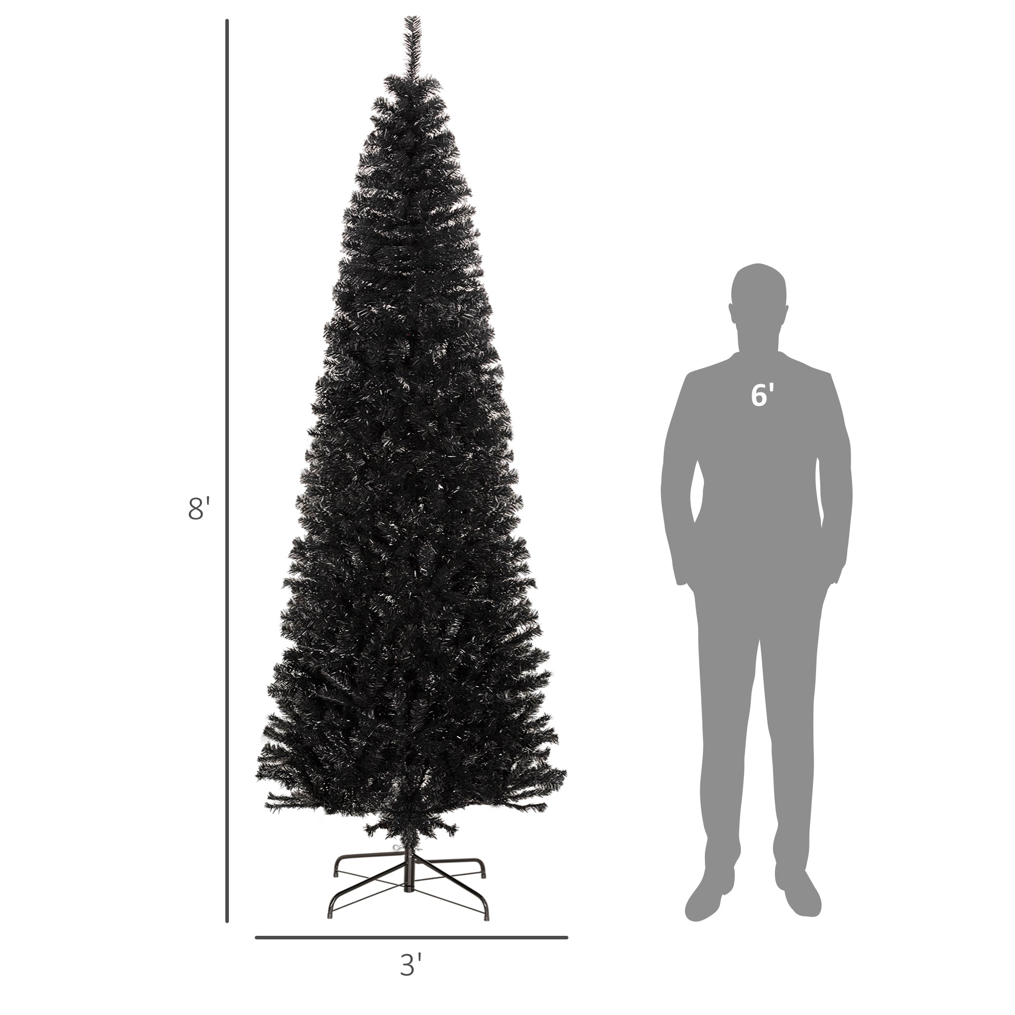 8 FT Slim Christmas Tree with Lights Pencil Xmas Tree w/ Stable Stand & 1168 Tips Black