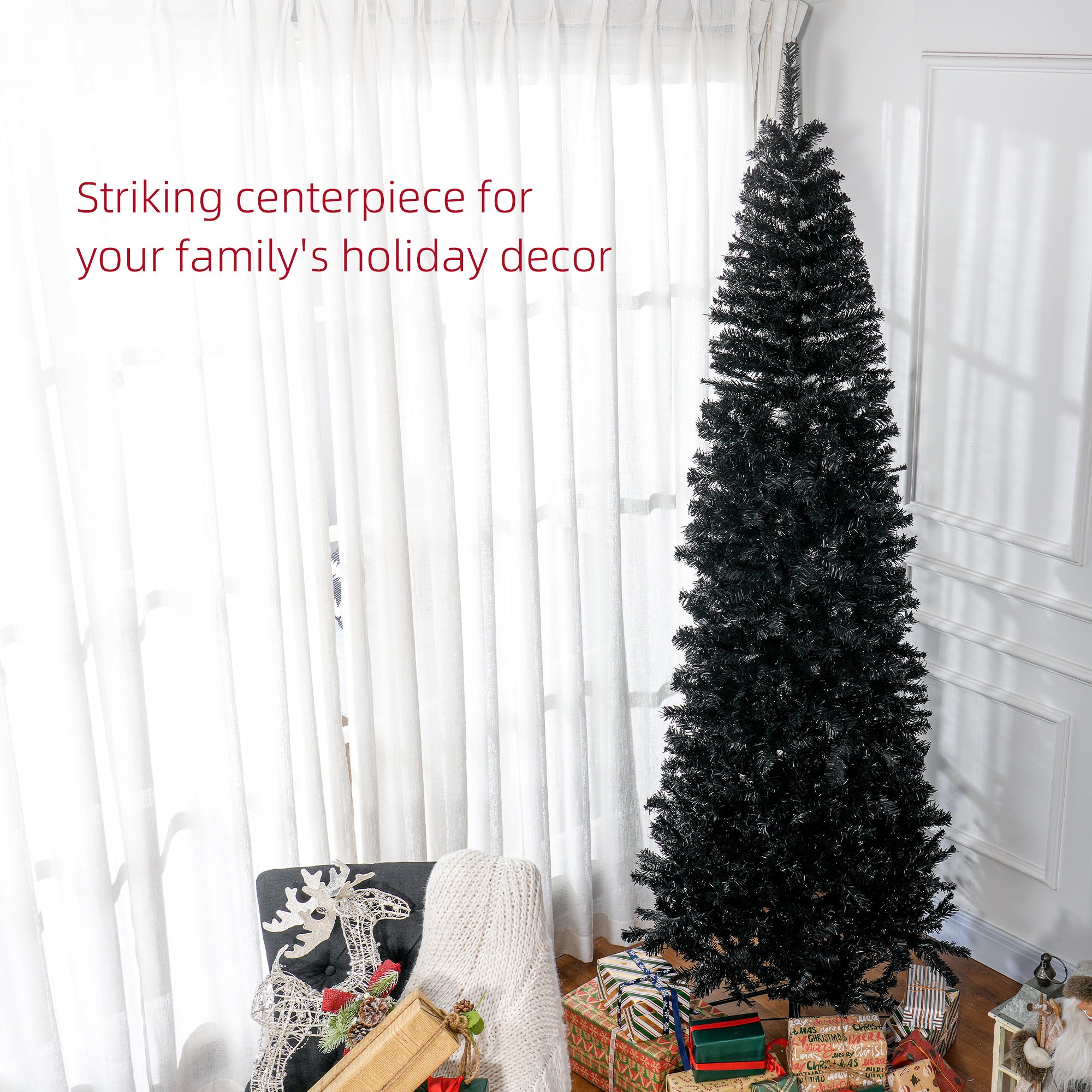 8 FT Slim Christmas Tree with Lights Pencil Xmas Tree w/ Stable Stand & 1168 Tips Black