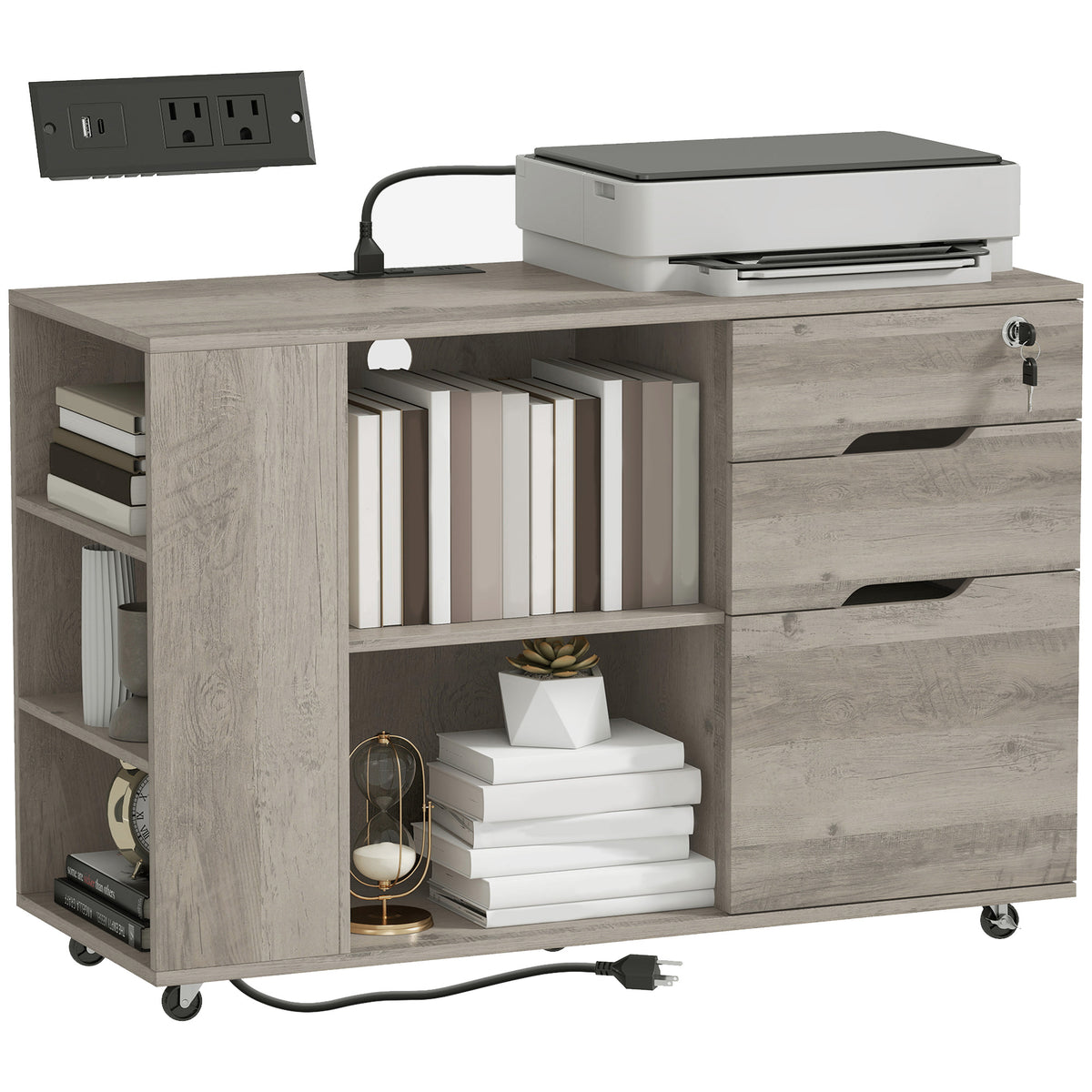 Lateral File Cabinet with Power Outlets, Drawers, Mobile Filing Cabinets, Cubbies, Shelves, Home Office Printer Stand, for A4, Letter Files, Home Office, Light Grey Brown