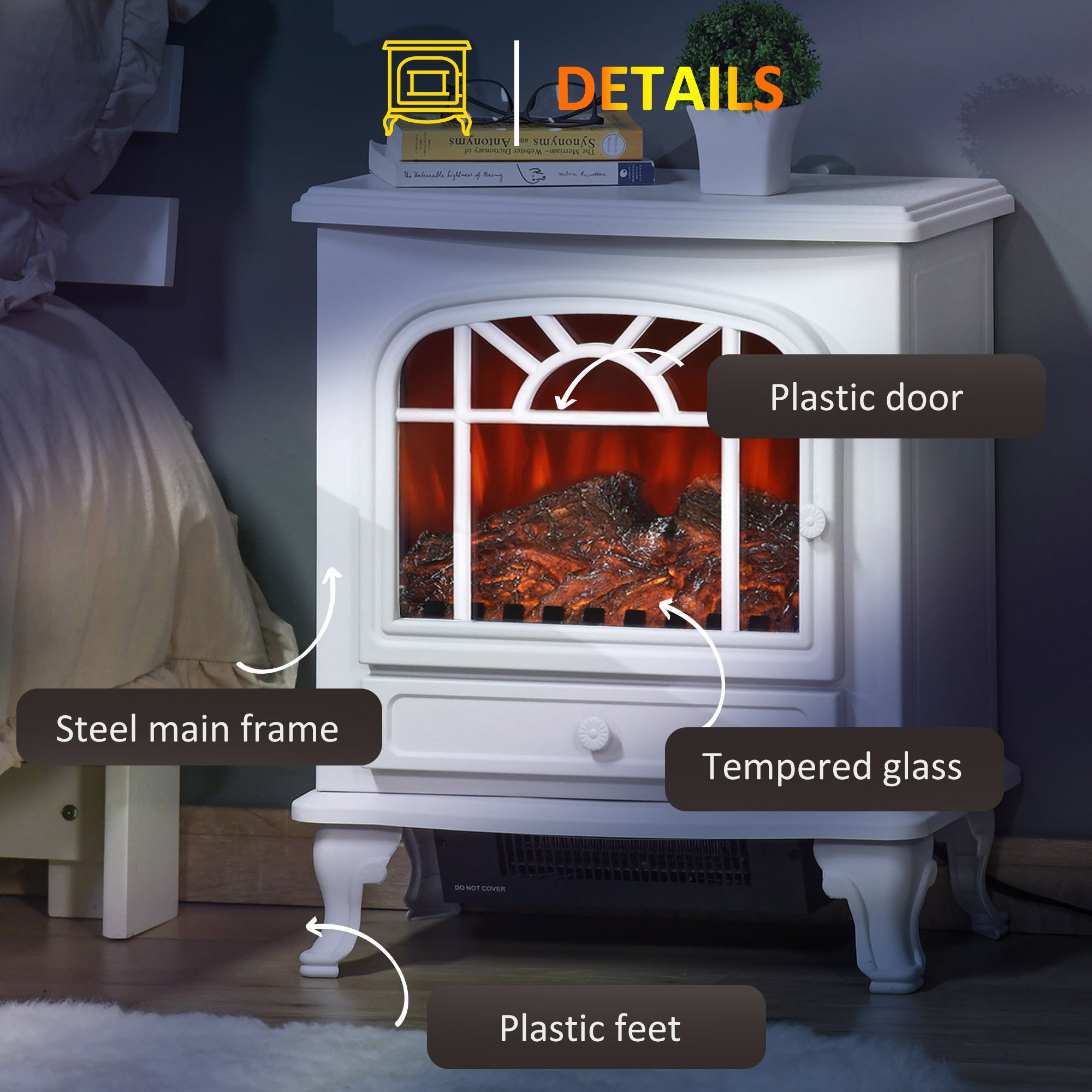 Electric Fireplace Heater, Freestanding Fireplace Stove with Realistic Flame Effect and Adjustable Temperature, Overheat Safety Protection, 750W/1500W, White