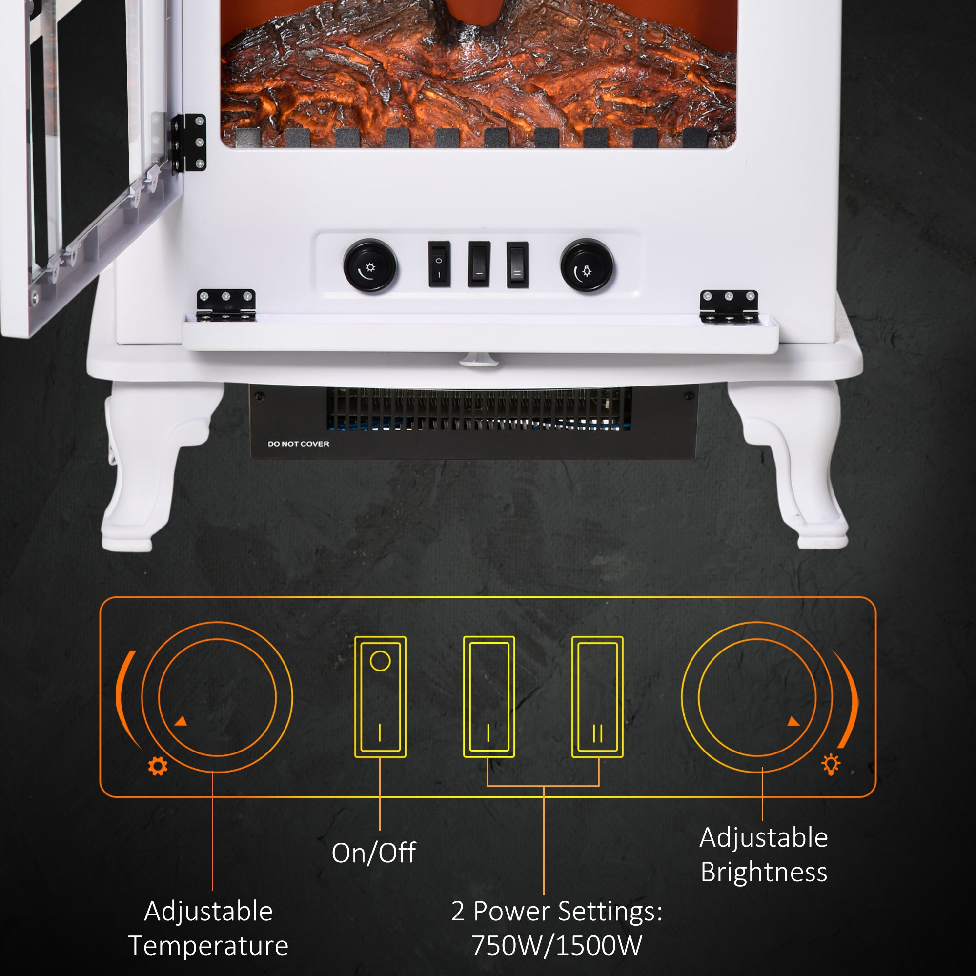 Electric Fireplace Heater, Freestanding Fireplace Stove with Realistic Flame Effect and Adjustable Temperature, Overheat Safety Protection, 750W/1500W, White