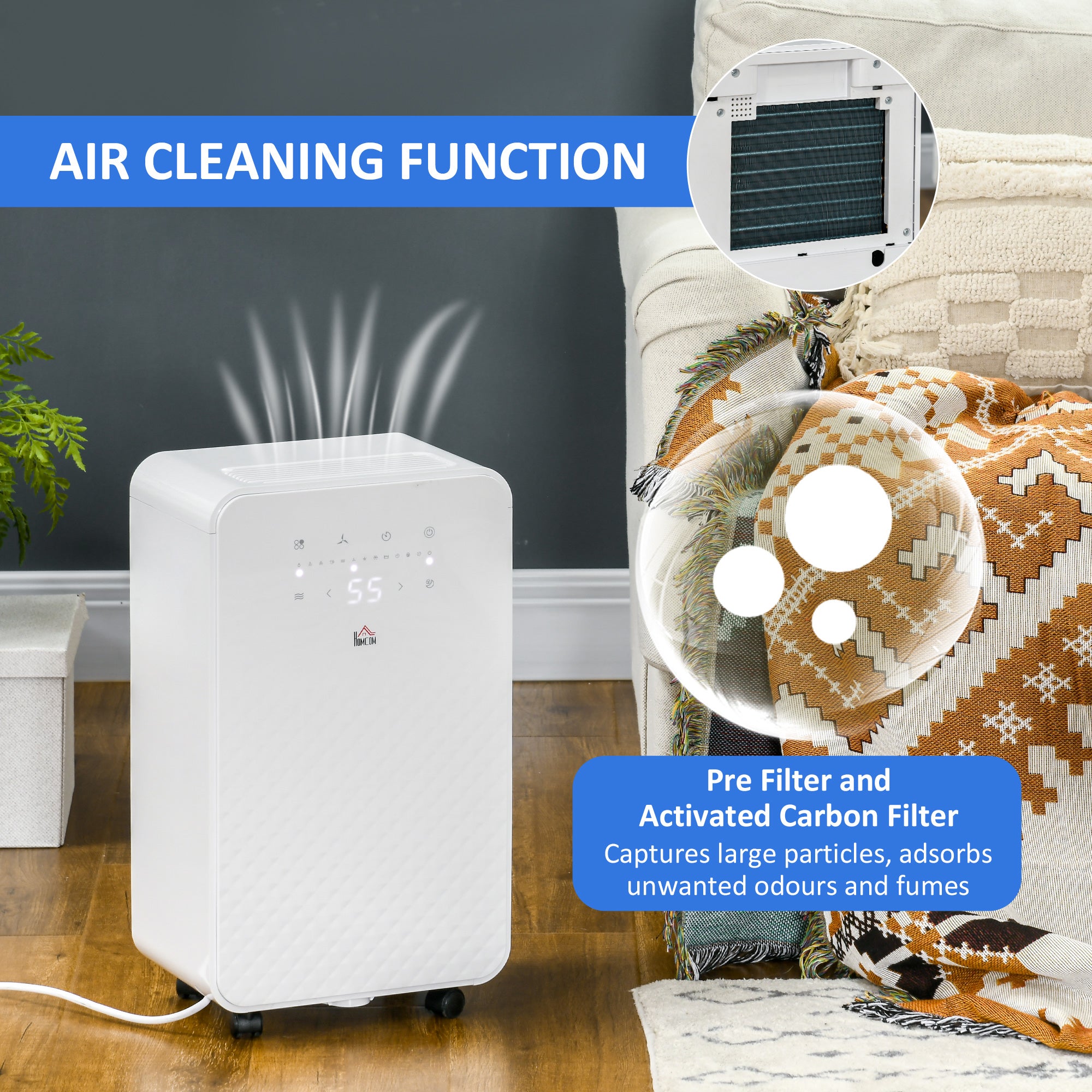 HOMCOM 12L/Day 2000mL Portable Quiet Dehumidifier with Air Purifier Filter, 24H Timer, 5 Modes, Electric Moisture Air Dehumidifier for Home Laundry Basement, White