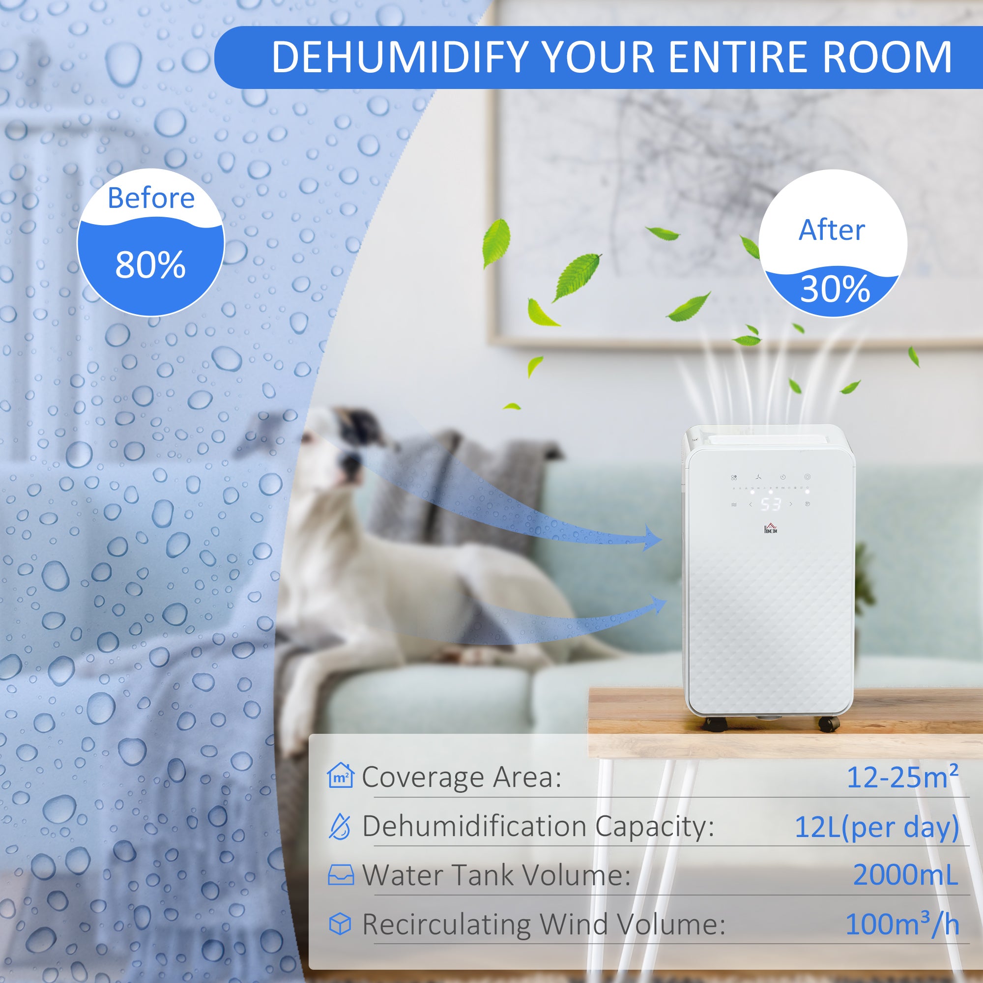 HOMCOM 12L/Day 2000mL Portable Quiet Dehumidifier with Air Purifier Filter, 24H Timer, 5 Modes, Electric Moisture Air Dehumidifier for Home Laundry Basement, White