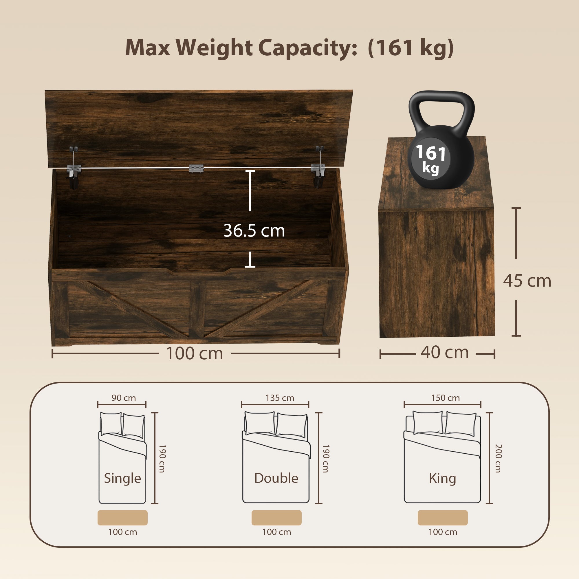 127L Storage Chest, Shoe Storage Trunk Bench Box with 2 Safety Hinges and U-shaped Cut-out Pull, Blanket Box Ottoman for Bedroom, Living Room, Entryway, 100 x 40 x 45 cm, Rustic Brown