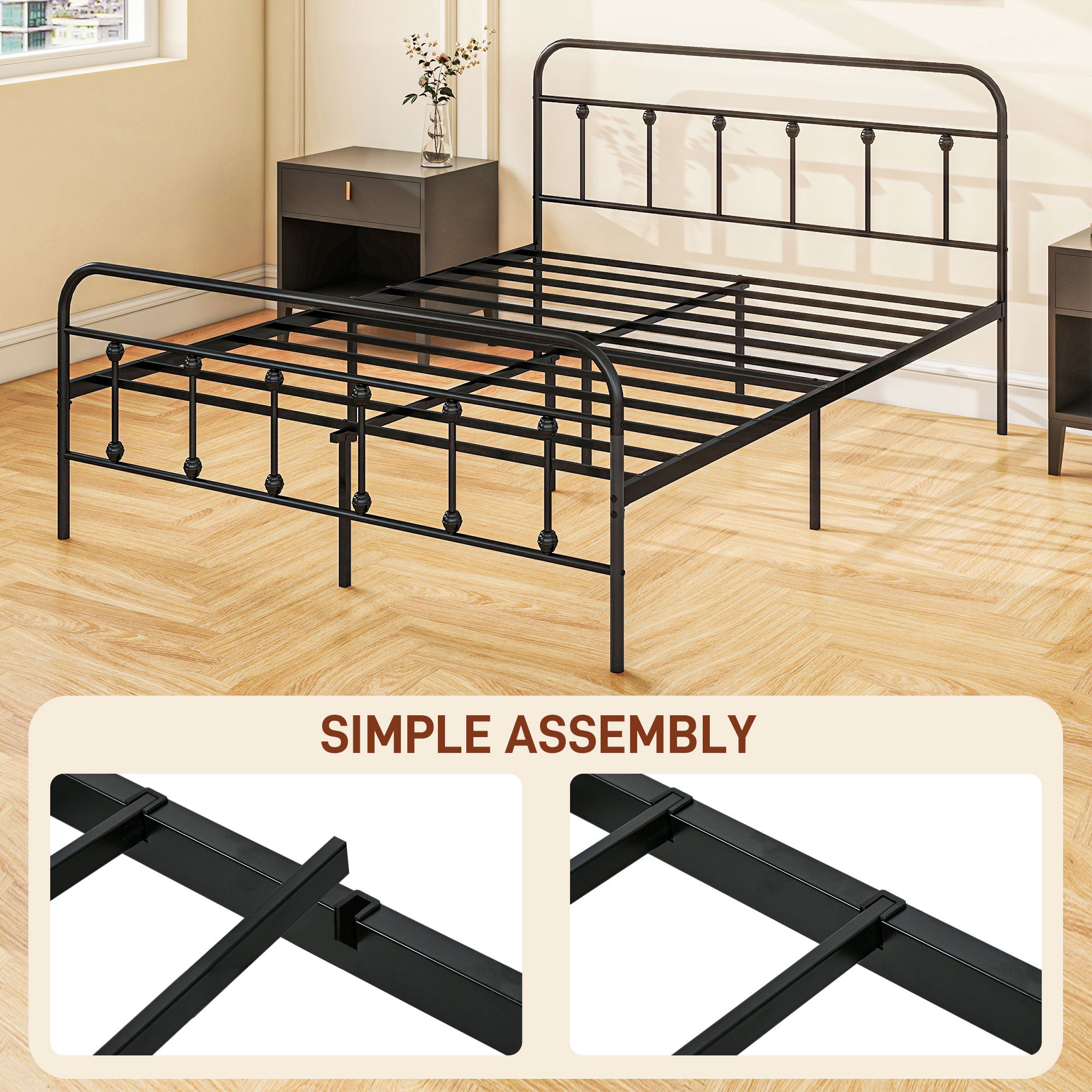 HOMCOM 5ft King Bed Frame with Underbed Storage, Metal Platform Bed frame with Tall Headboard, Footboard and Steel Slat Support, No Box Spring Needed, Easy Assembly, Black