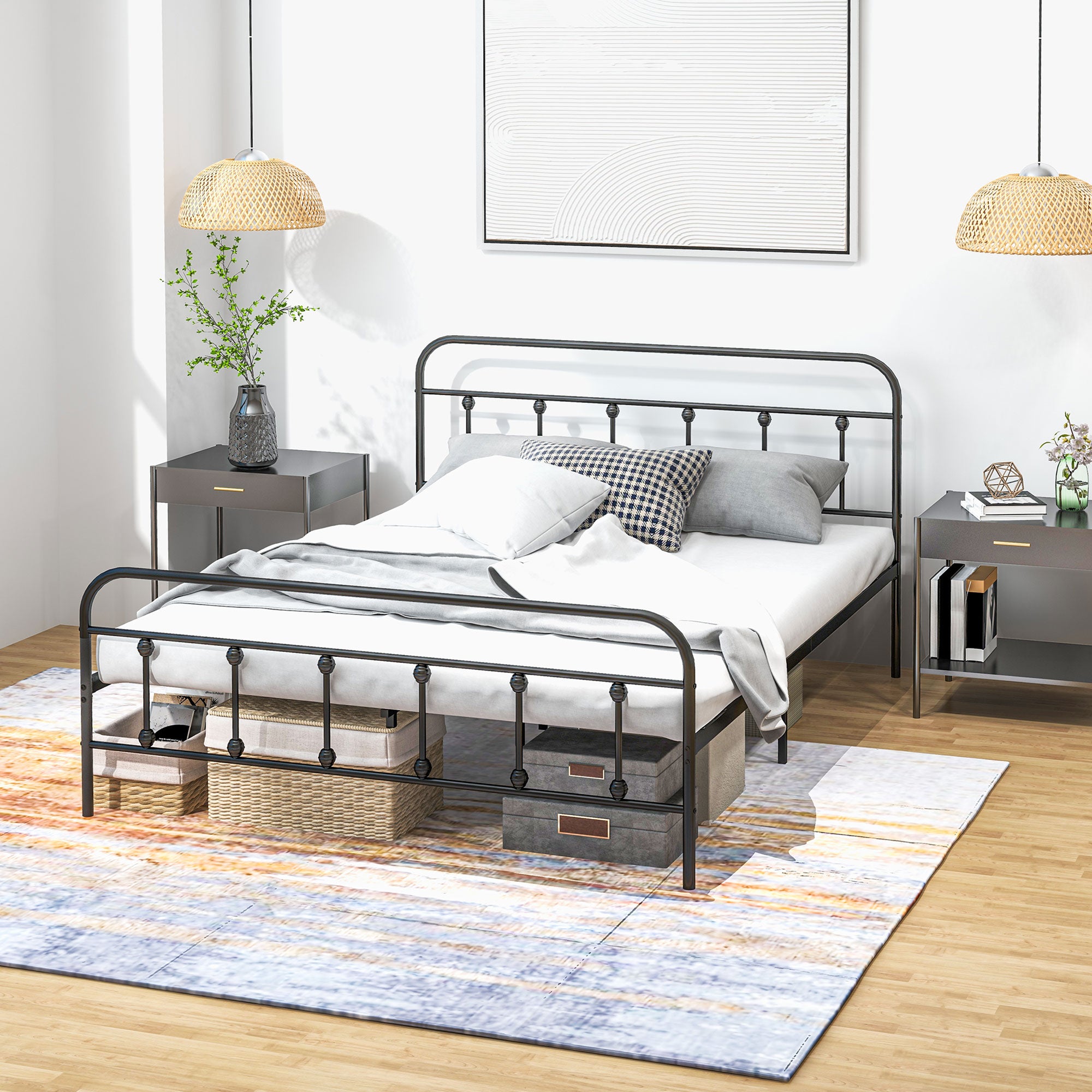 HOMCOM 5ft King Bed Frame with Underbed Storage, Metal Platform Bed frame with Tall Headboard, Footboard and Steel Slat Support, No Box Spring Needed, Easy Assembly, Black