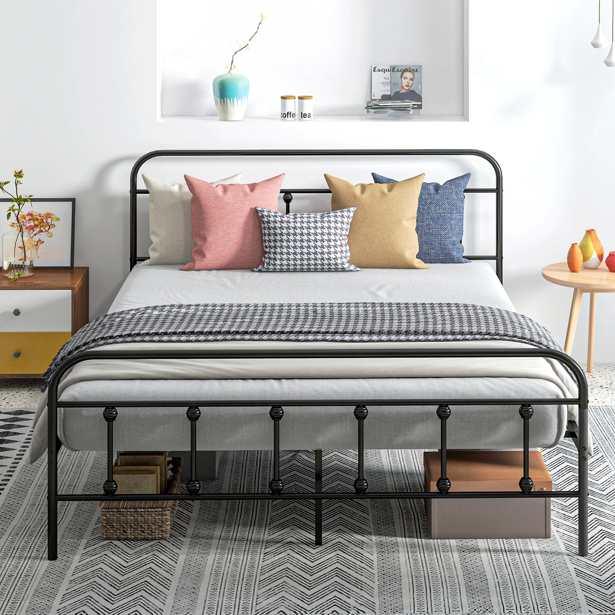 HOMCOM 5ft King Bed Frame with Underbed Storage, Metal Platform Bed frame with Tall Headboard, Footboard and Steel Slat Support, No Box Spring Needed, Easy Assembly, Black