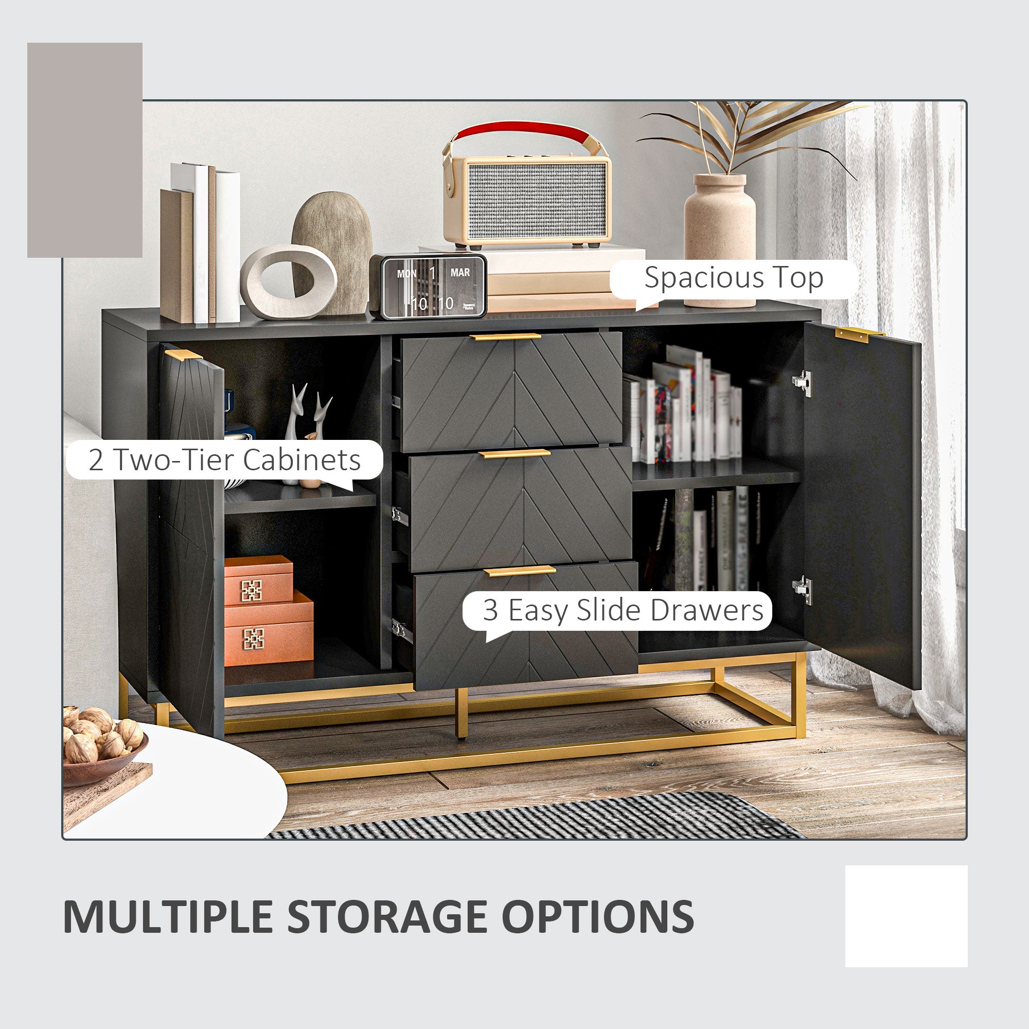 Sideboard for Living Room, Modern Storage Cabinet with 3 Drawers and Adjustable Shelves, Freestanding Cupboard for Dining Room, Kitchen, Black