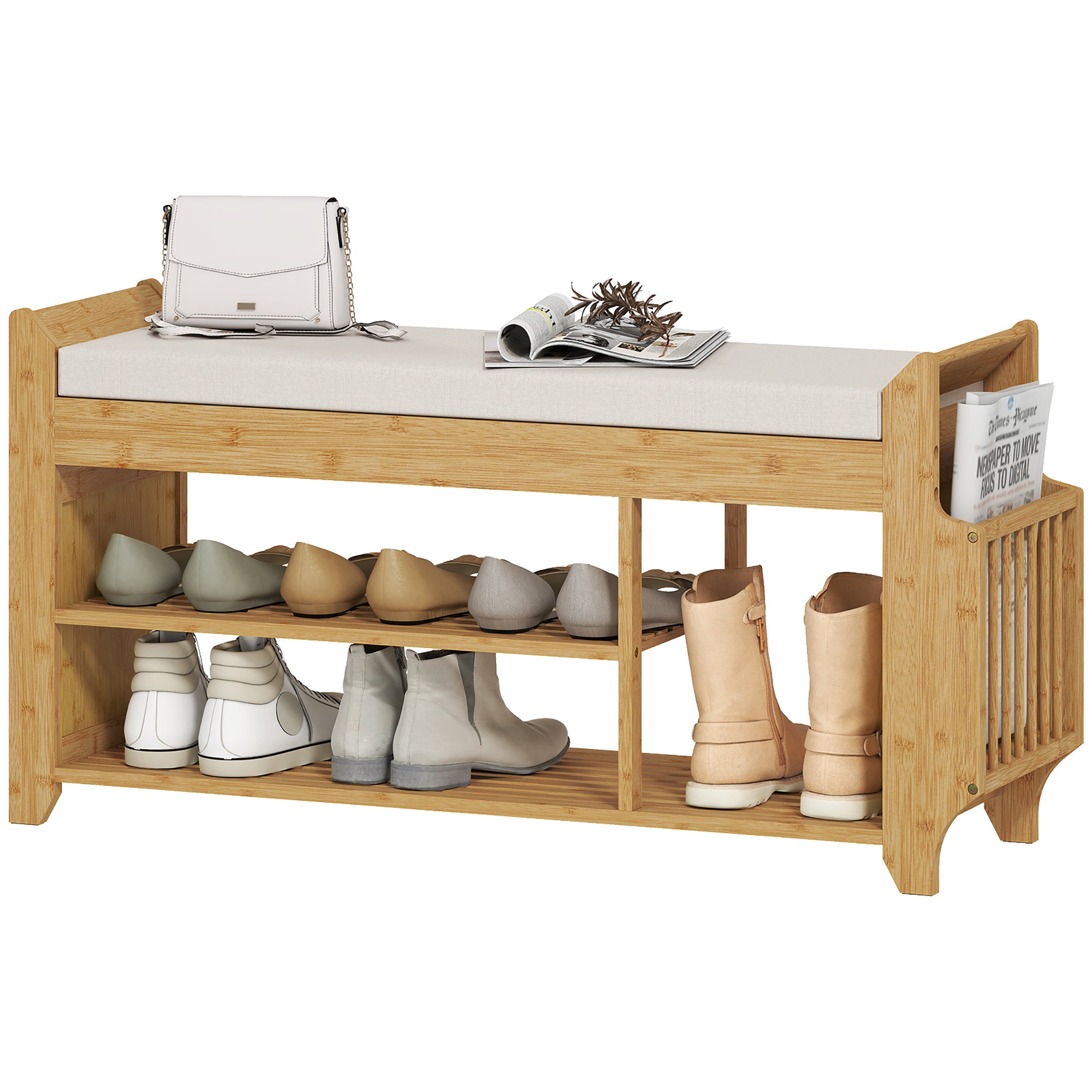 Shoe Bench with Cushioned Seat, 2-Tier Entryway Bench with Side Umbrella Holder, 39.4" in Natural Bamboo Shoe Rack for Hallway, Living Room, Natural and Cream