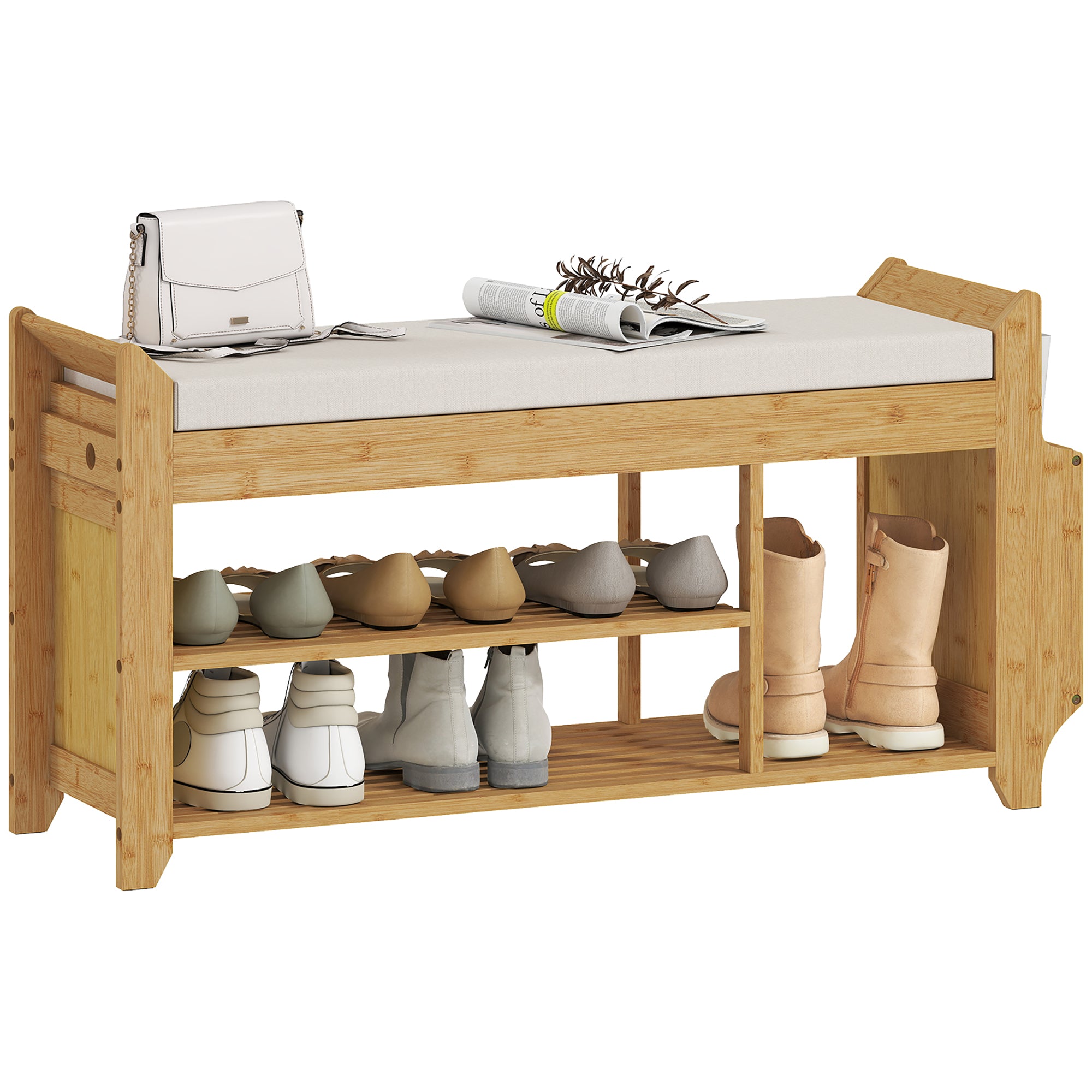 Shoe Bench with Cushioned Seat, 2-Tier Entryway Bench with Side Umbrella Holder, 39.4" in Natural Bamboo Shoe Rack for Hallway, Living Room, Natural and Cream
