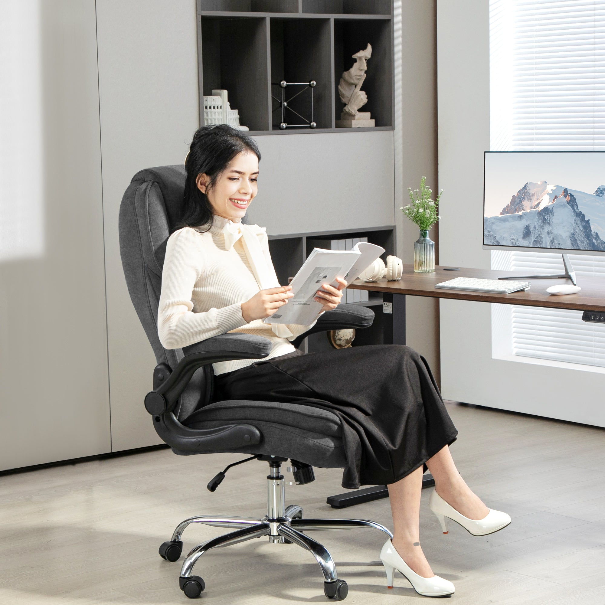 High Back Office Chair, Executive Desk Chair with Swivel Wheels, Flip-up Armrest, Adjustable Height, Modern Diamond Fabric Computer Gaming Chair for Home Office, Dark Grey