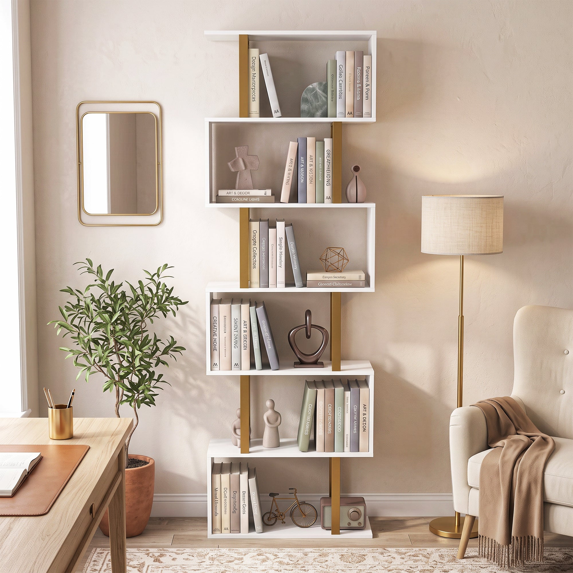 S-Shaped Bookshelf, 6-Tier Bookcase, Freestanding Storage Shelves with Anti-Tip Strap for Study, Living Room, White