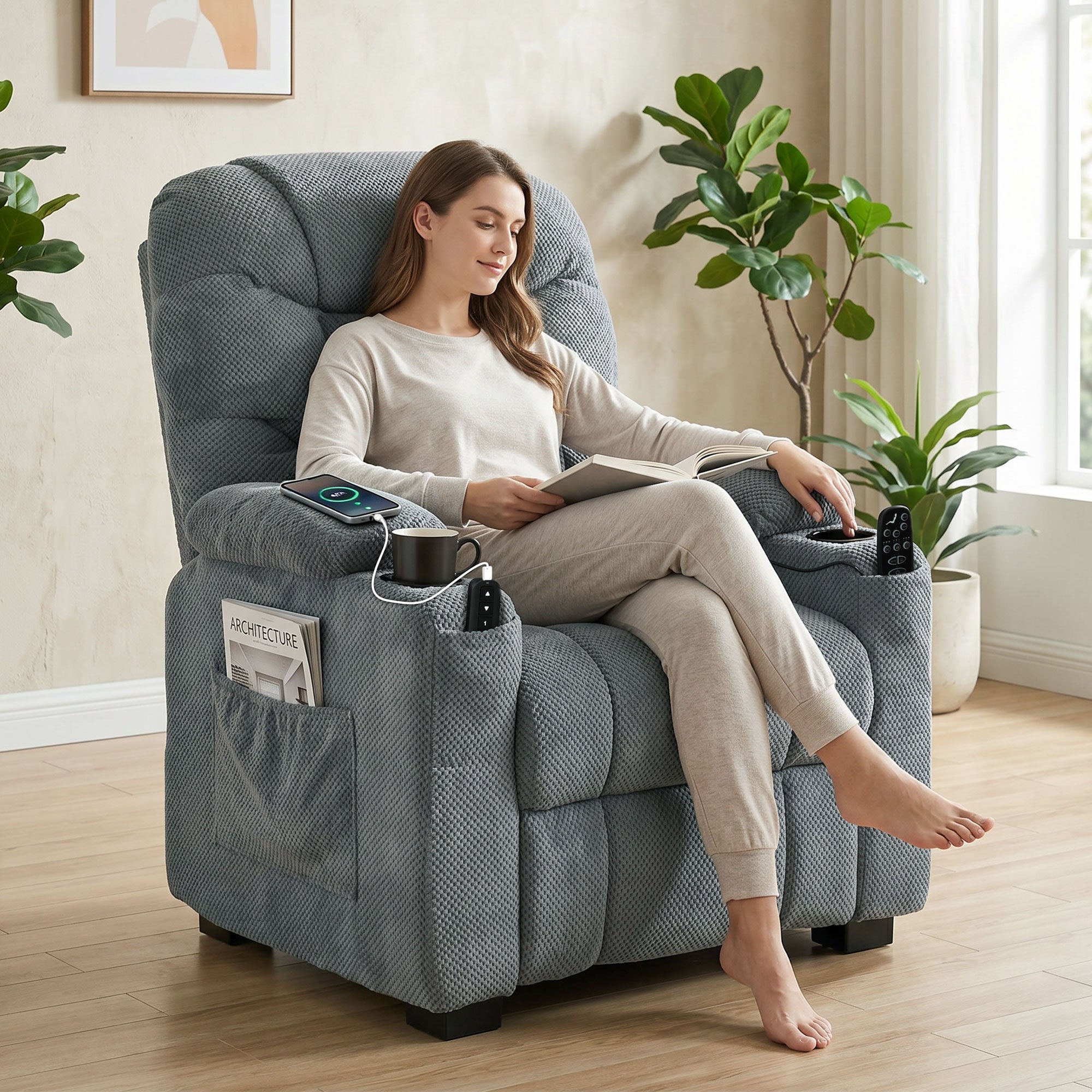 Recliner Armchair with Vibration Massage, Heat, Whisper-Quiet Motor, Memory Function, Fleece Power Reclining Chair with Spring Pack, USB Port, Footrest, Side Pockets, Cup Holders, Dark Grey