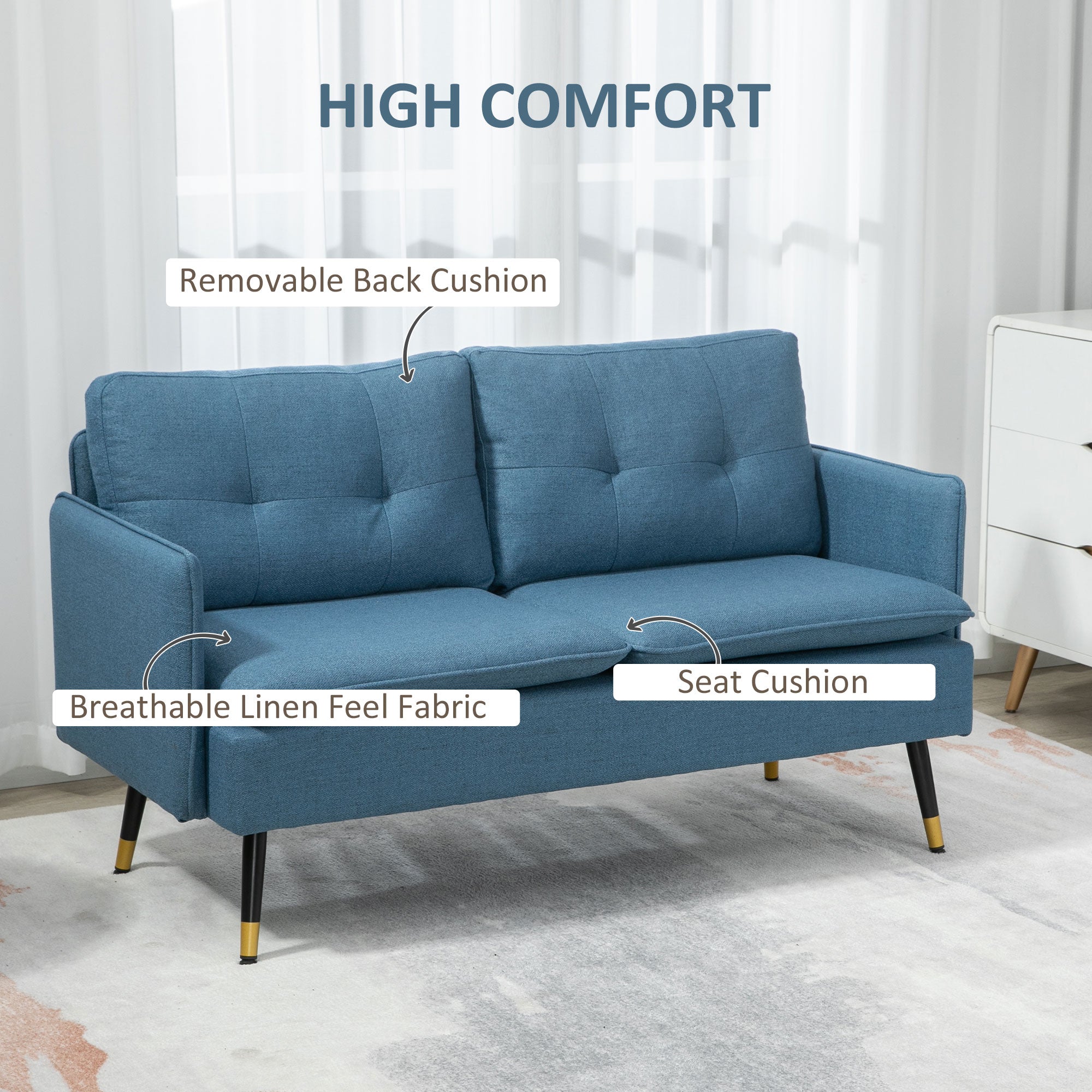 HOMCOM 55" Loveseat Sofa for Bedroom, Modern Love Seats Furniture with Button Tufting, Upholstered Small Couch for Small Space, Dark Blue