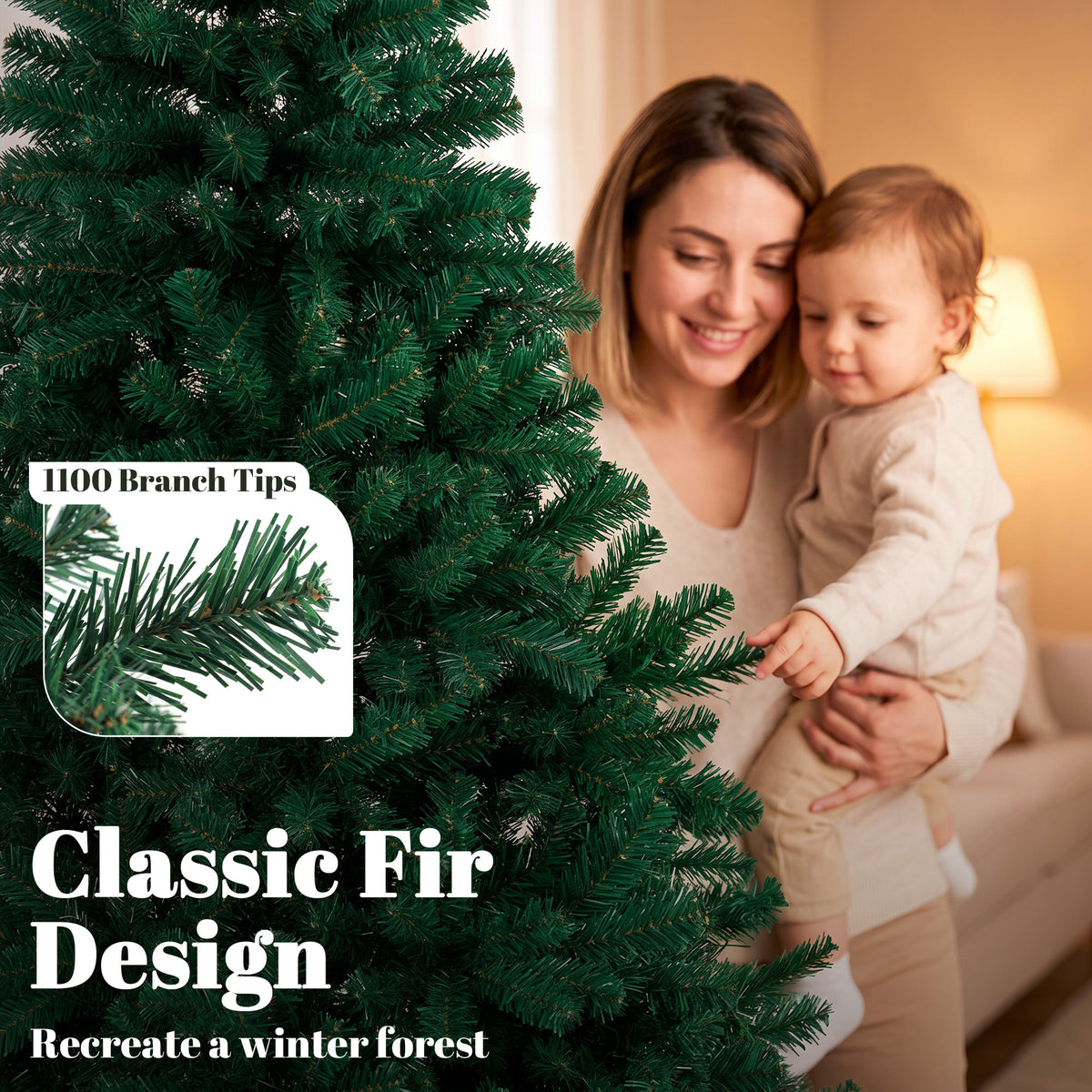 7ft/210cm Artificial Christmas Tree, Fir Hinged Xmas Tree with 1100 Branch Tips, Foldable Steel Stand, Easy Assembly for Home Office Holiday Decoration, Green