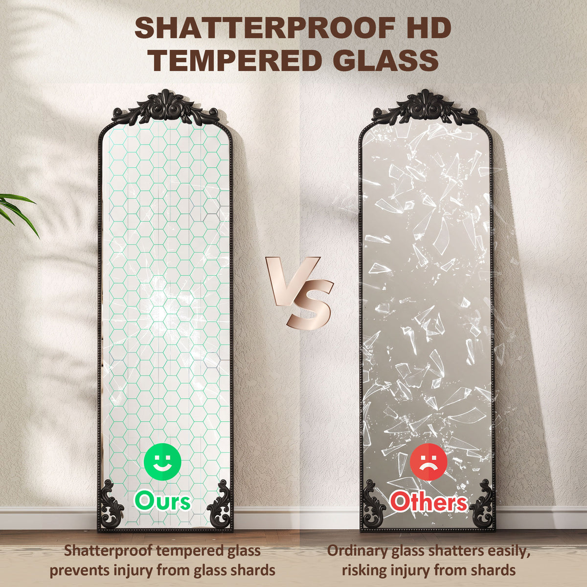 Full Length Mirror, 50 x 160 cm Hanging or Leaning Against Wall Floor Mirror with Baroque Metal Frame for Bedroom, Living Room, Dressing Room, Black
