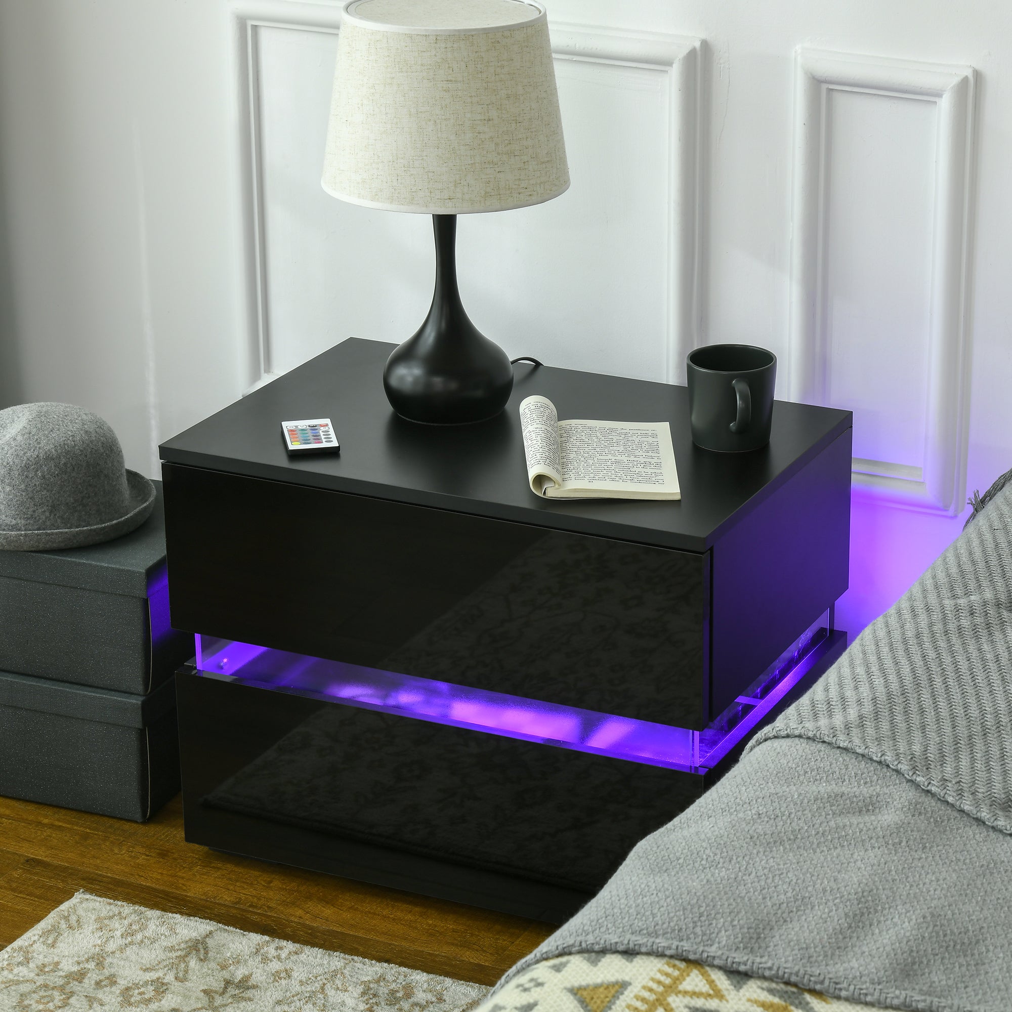 HOMCOM LED Nightstand with 2 Drawers, Bedside Table with 16 Colour, 4 Modes and Adjustable Brightness RGB LED Lights, Remote, Black