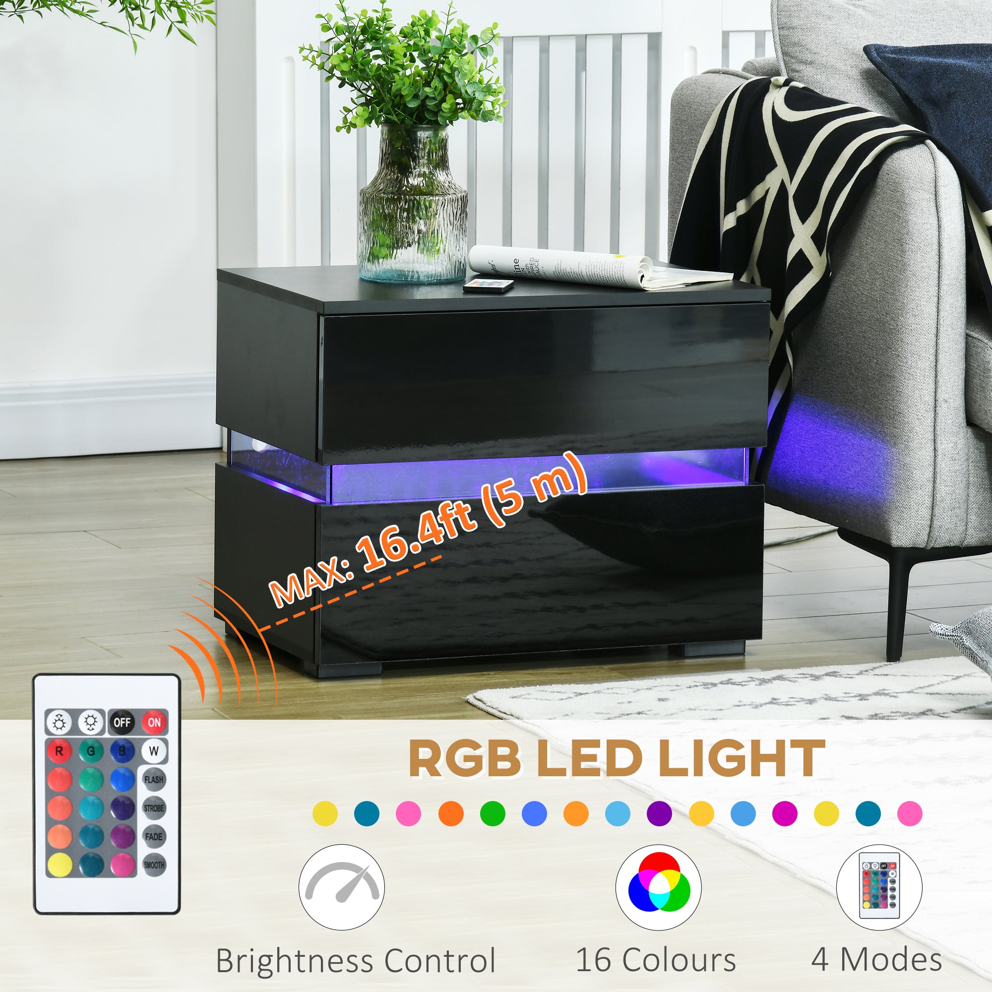 HOMCOM LED Nightstand with 2 Drawers, Bedside Table with 16 Colour, 4 Modes and Adjustable Brightness RGB LED Lights, Remote, Black