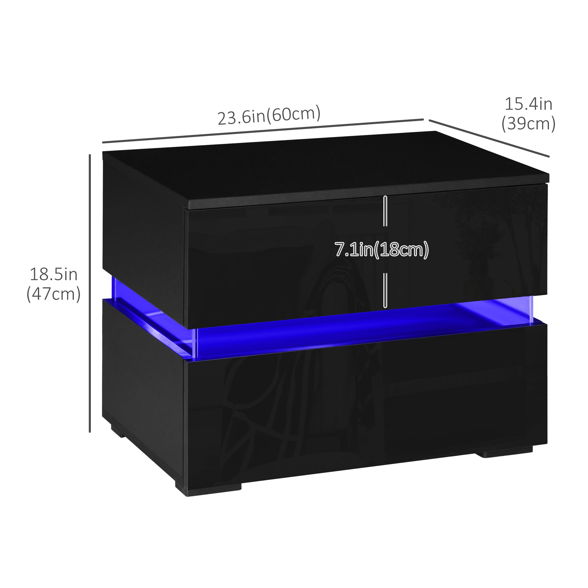 HOMCOM LED Nightstand with 2 Drawers, Bedside Table with 16 Colour, 4 Modes and Adjustable Brightness RGB LED Lights, Remote, Black