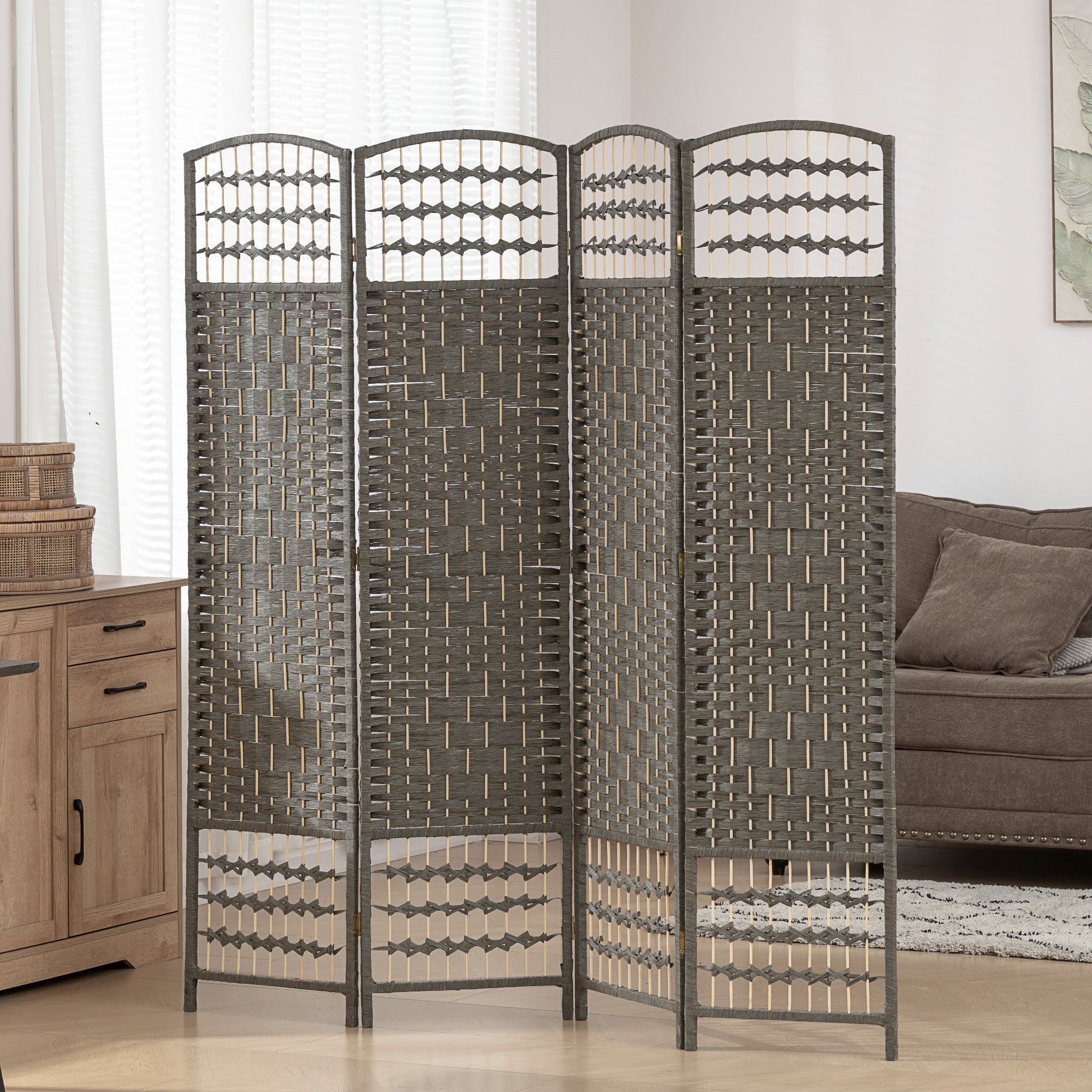 4 Panel Folding Room Divider, Privacy Screen, Freestanding Paravent Partition Separator for Living Room and Office, 160 x 170cm,  Dark Grey
