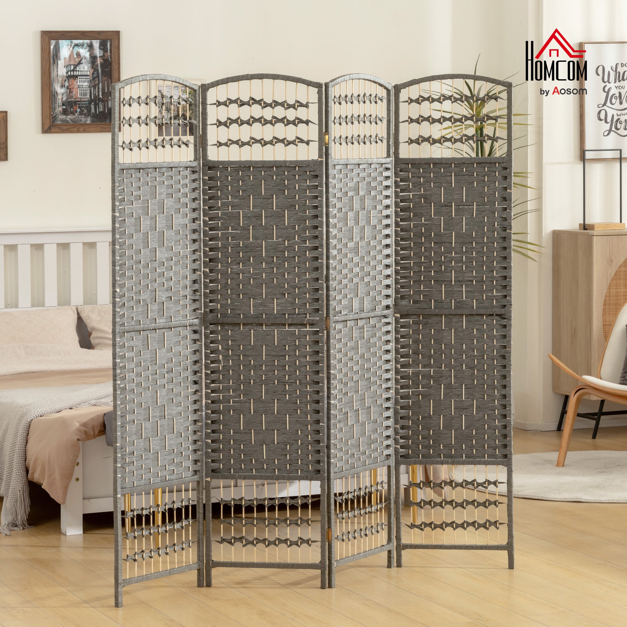 4 Panel Folding Room Divider, Privacy Screen, Freestanding Paravent Partition Separator for Living Room and Office, 160 x 170cm,  Dark Grey