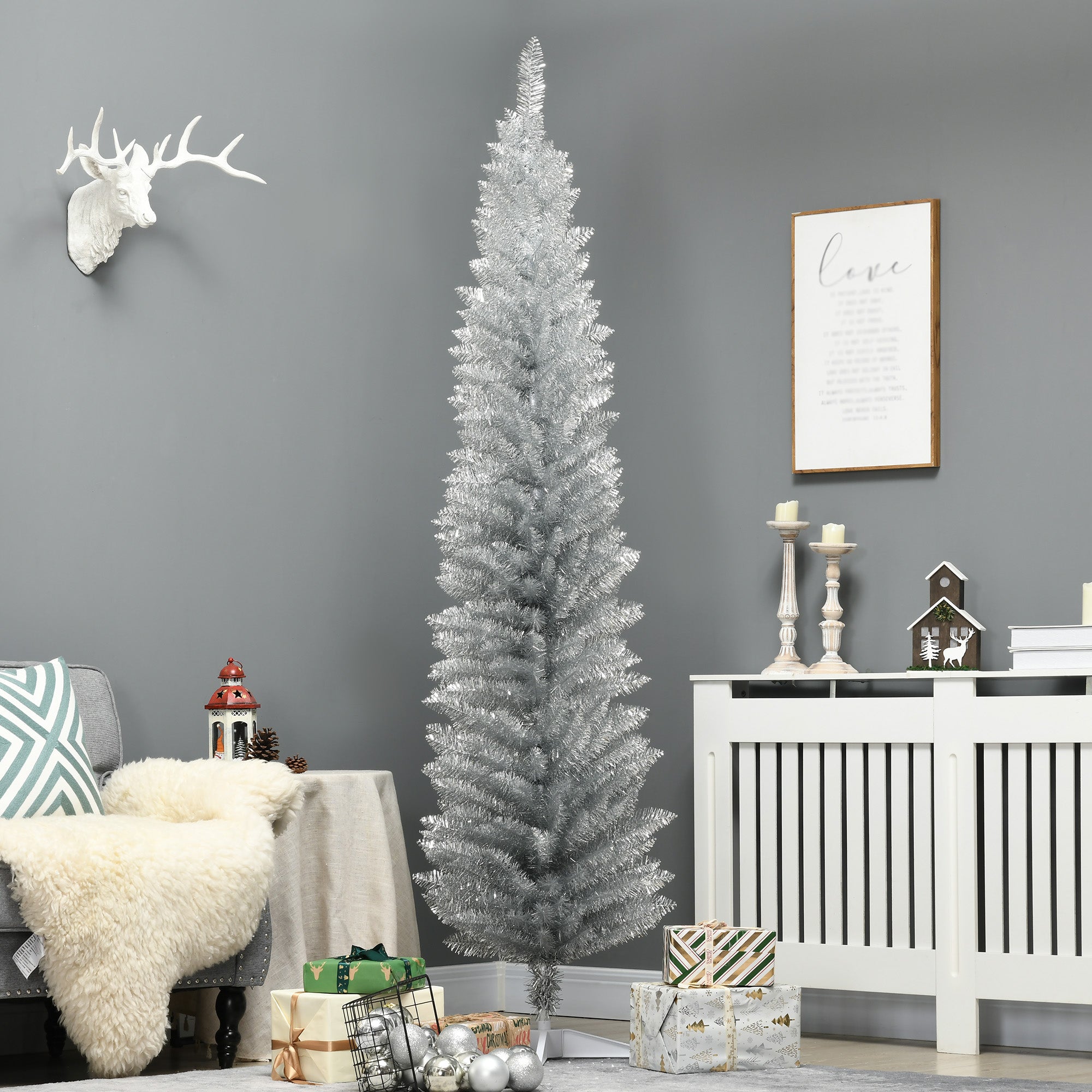 7FT Decorated Christmas Tree Pencil Tree with 499 Realistic Branch Tips and Stand Silver