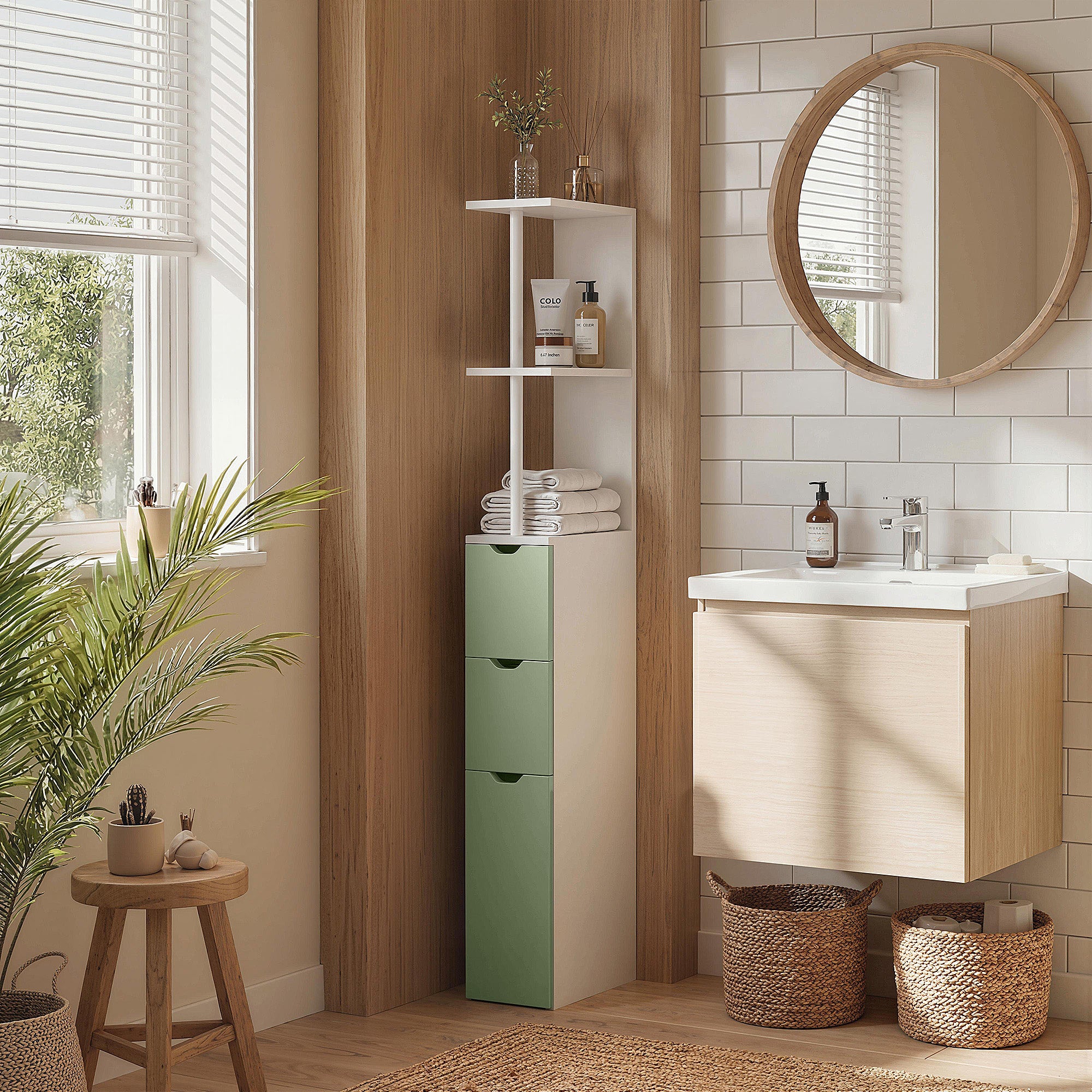 Tall Bathroom Cabinet, Freestanding Slim Bathroom Storage Cabinet with 2-Tier Open Shelf and 2 Drawers for Small Space, Narrow Cupboard Storage Unit, White and Light Green